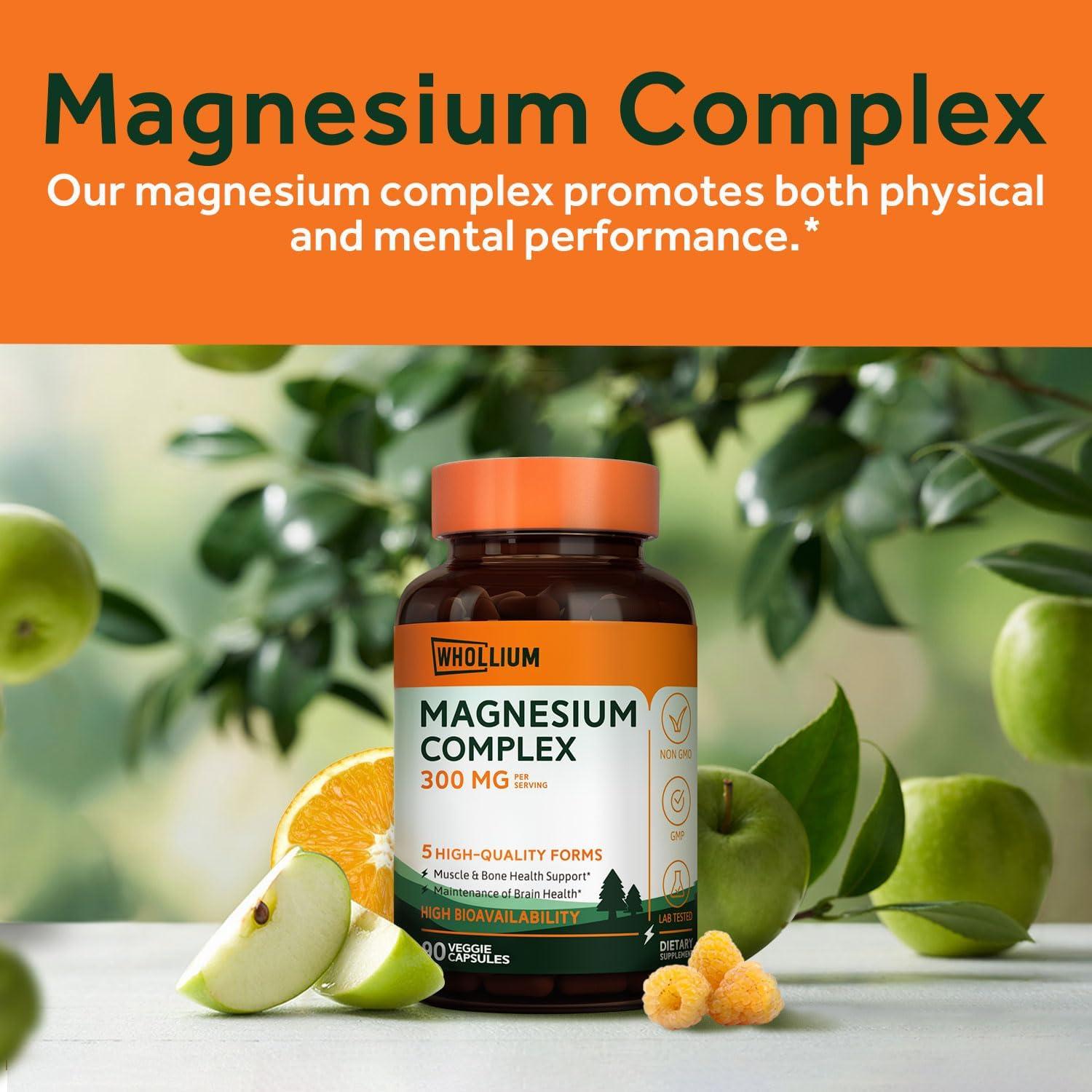 Whollium Magnesium Complex 300 mg Elemental Magnesium 5 in 1 Formula