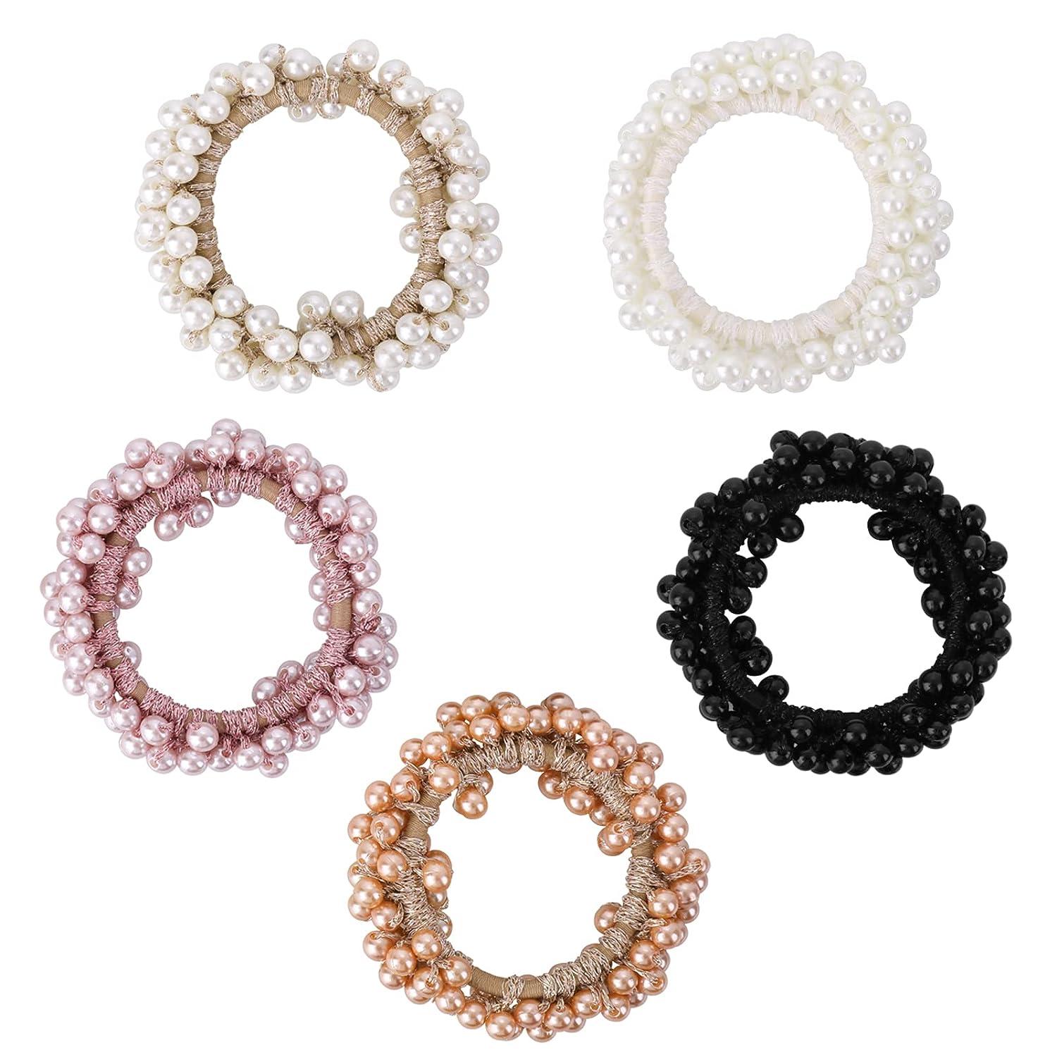 5PCS Pearl Hair Ties Elastic Hair Scrunchies Fancy Stretchy Rhinestone Hair  Bands Bead Ponytail Holders Hair Ropes Hair Accessories for Women and Girls  Gift (Champagne Pink Pearl white Black White)