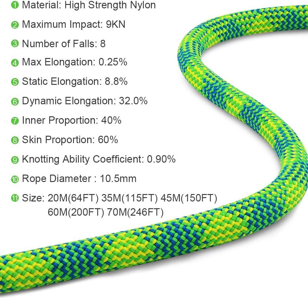 X XBEN 10.5 mm UIAA Dynamic Climbing Rope 20M(65FT) 35M(115FT) 45M(150FT)  60M(200FT), Safety Nylon Kernmantle Rope for Rock Climbing, Tree Climbing,  Ice Climbing, Rappelling, Rescue Green Dynamic - 20M(65 Foot)