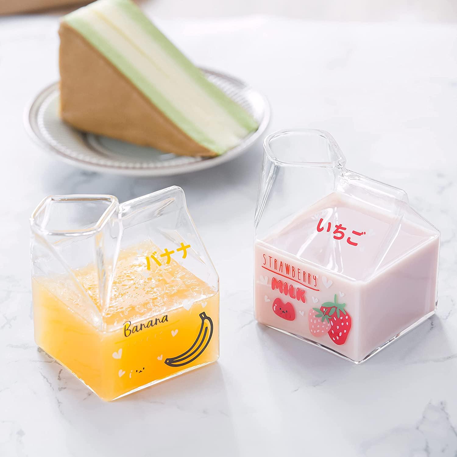 Kawaii Glass Milk Carton Cup Cute Strawberry Milk Cup Mini Creamer Pitcher  Container Microwavable 12 Oz, 1Pcs