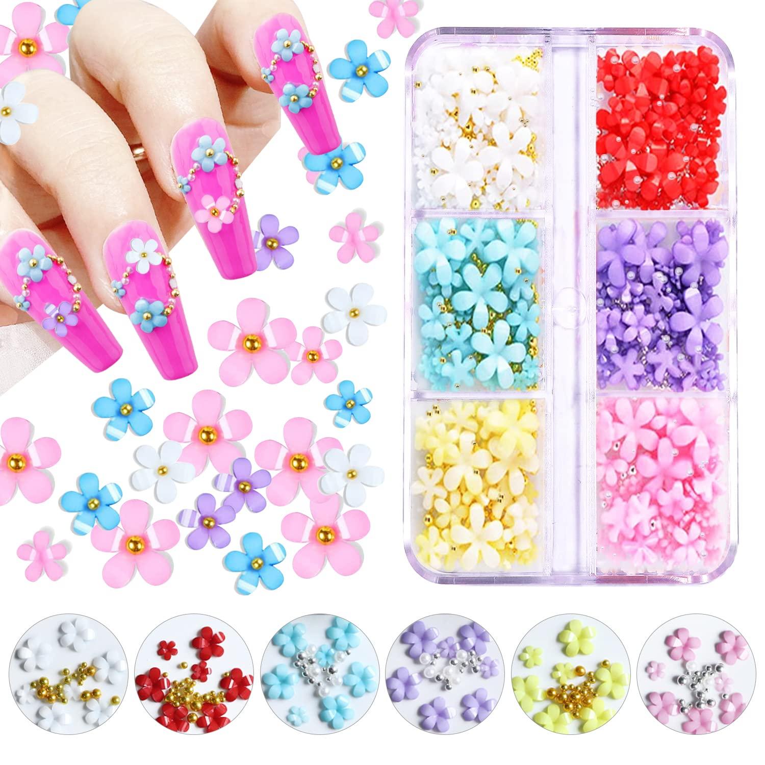 3D Flower Nail Charms for Acrylic Nails,12 Colors Flowers 3 Colors Beads  Nail Flowers with Gold Silver Pearl,Spring Flower Mixed Nail Art Craft  Design
