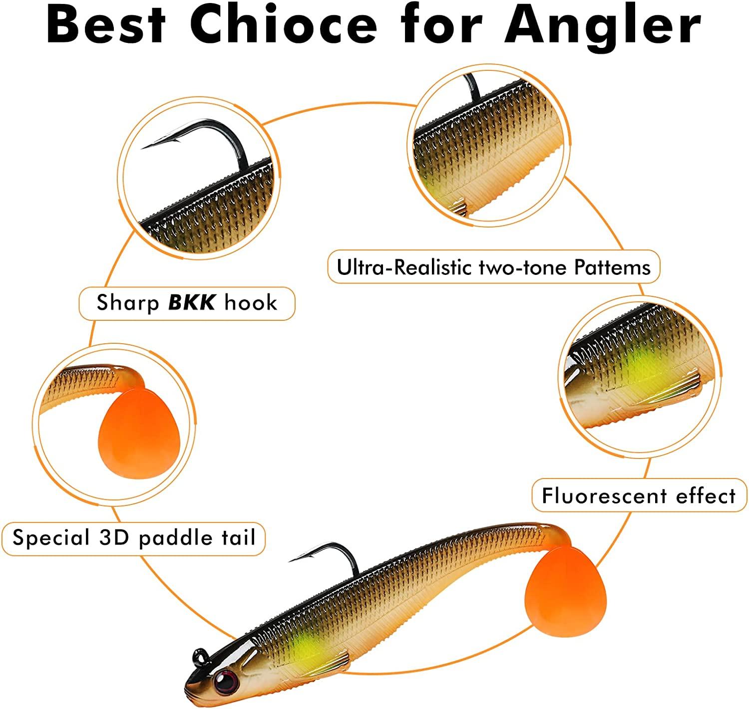 PLUSINNO Fishing Lures, Trout Pike Walleye Bass Fishing Jig Heads,  Pre-Rigged Soft Swimbaits with Ultra-Sharp Hooks, Bass Lures with Paddle  Tail