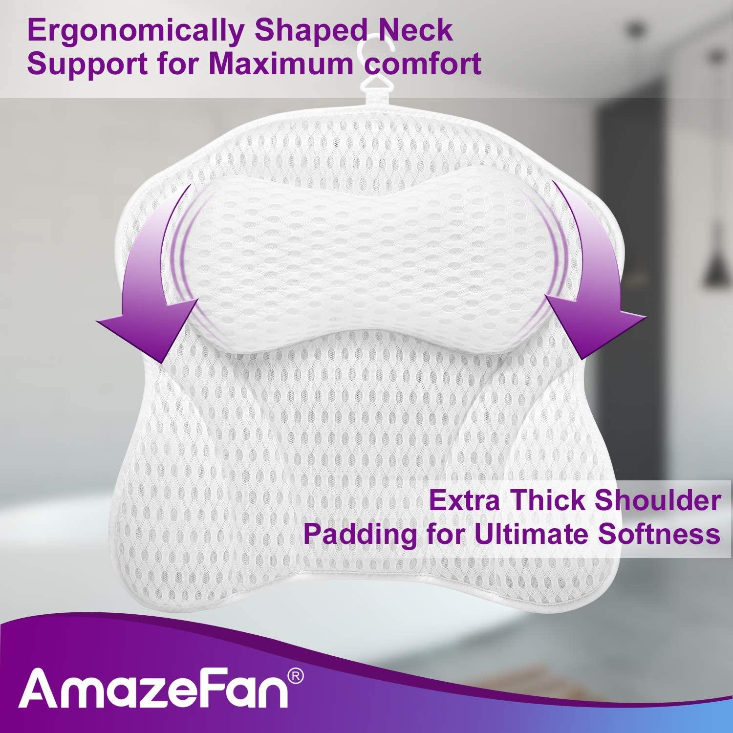 US. Patent Design]AmazeFan Bath Pillow, Bathtub Spa Pillow with 4D Air Mesh  Technology and 7 Suction Cups, Helps Support Head, Back, Shoulder and Neck,  Fits All Bathtub, Hot Tub and Home Spa