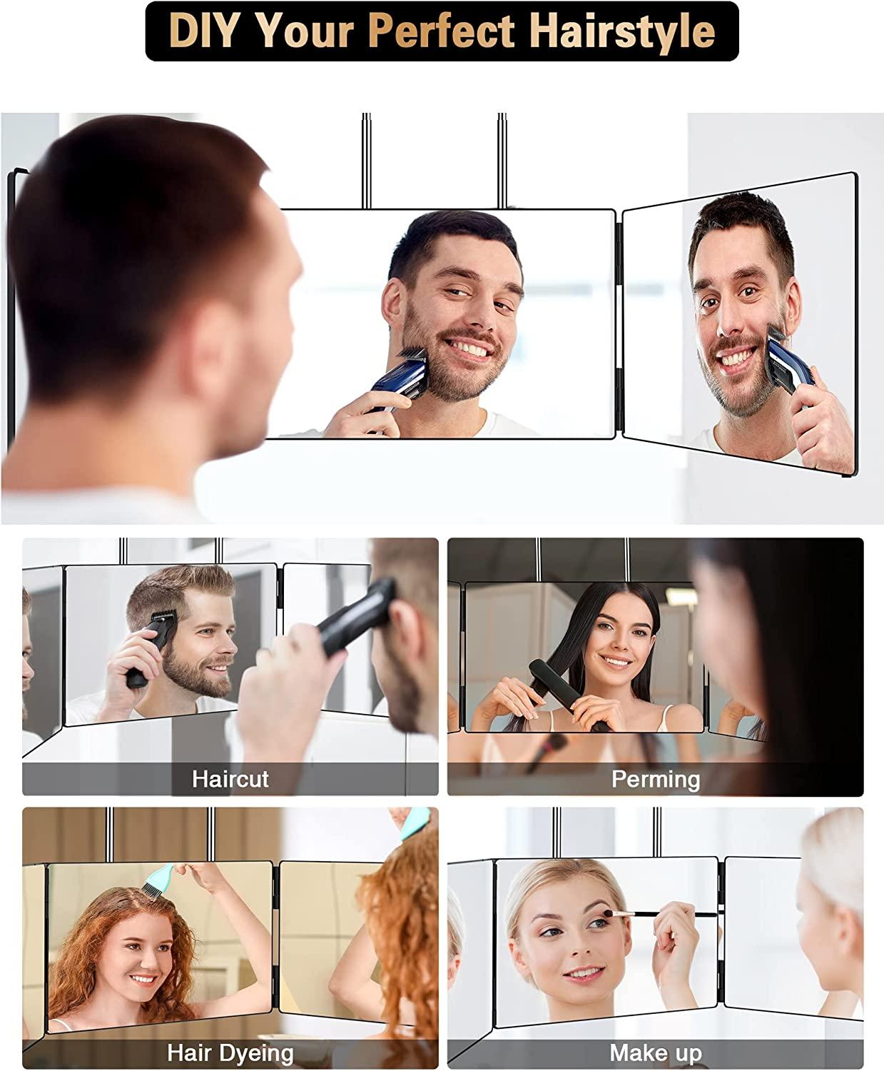 Hanging 3 Way Mirror with LED Lights Trifold Self Haircut Mirror Adjustable  Makeup Mirror 360-degree Viewing Angle Cut Mirror - AliExpress