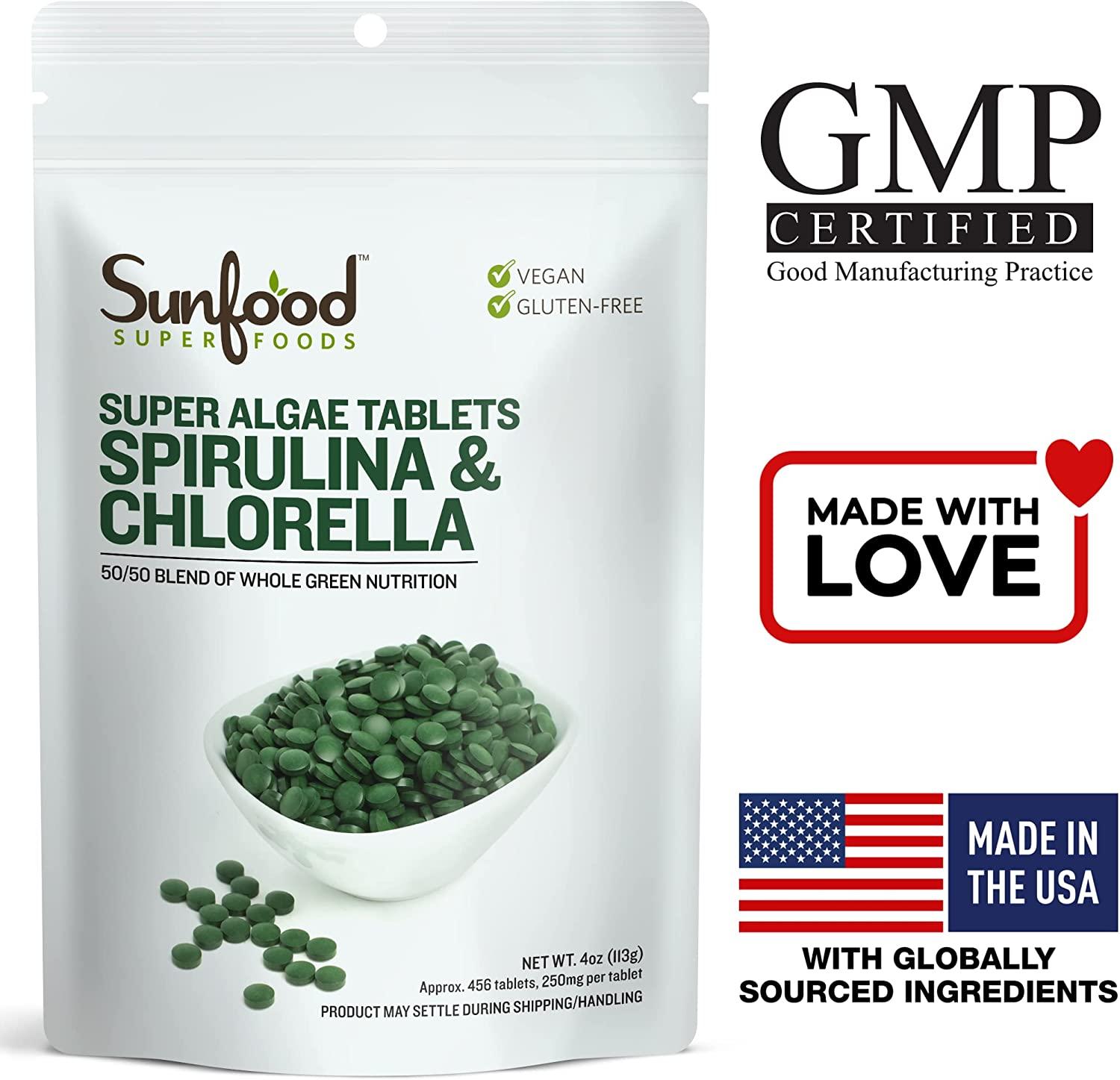 Sunfood Spirulina & Chlorella Super Algae Tablets 250 mg 456 Tablets