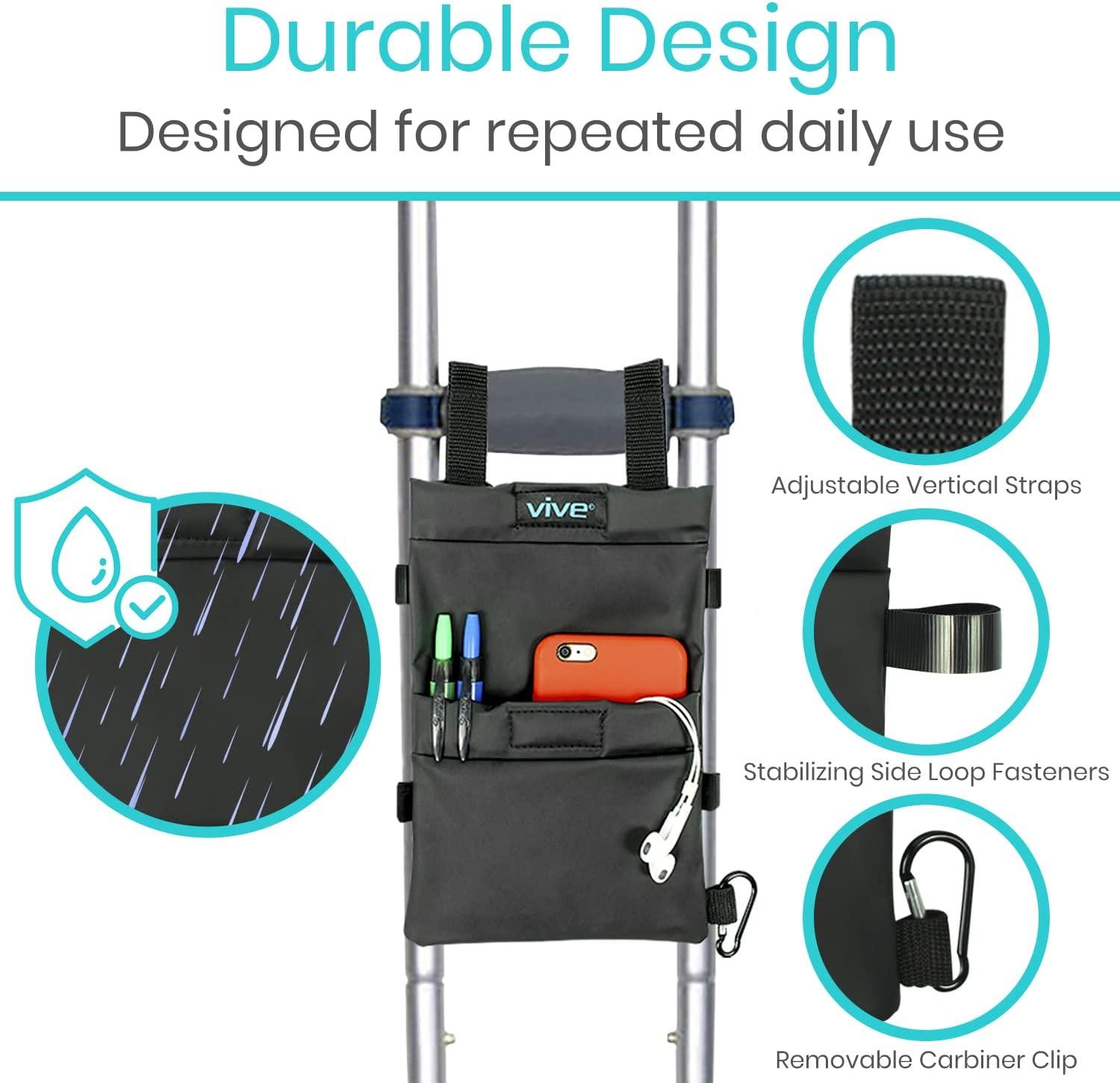 Vive Crutch Pouch Bag with Foam Hand Grip Pads Tote for Broken Leg Crutches with Storage