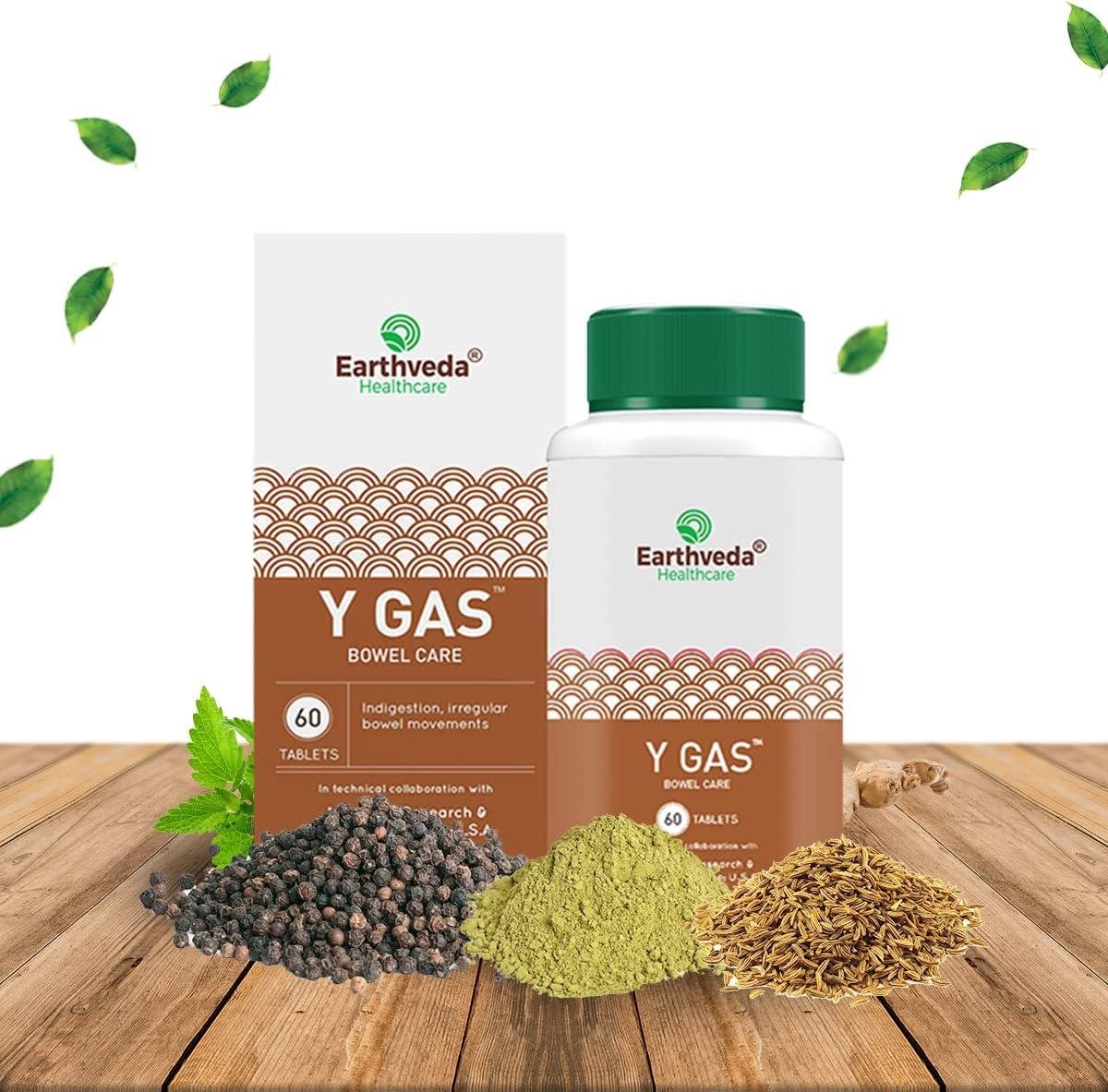 Earthveda Y Gas 60 Tablets Herbal Supplement for Gas Relief l Helps in Bloating & Abdominal