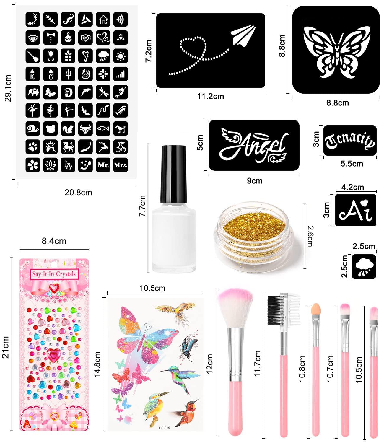 Temporary Glitter Tattoos Kids,32 Glitter Colors and 6 Fluorescent  Colors,165 Stencils,2 diamond stickers,3 Glue,5 Brushes,1 Powder  Puff,Adults and