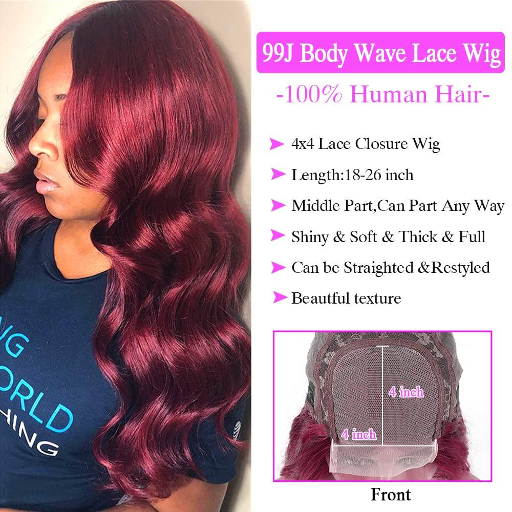 Baluiki Hair 4x4 Lace Closure Wigs Burgundy Body Wave Lace Front Wigs for  Black Women 180% Density Human Hair Wig with Baby Hair 99j Color Body Wave  Wigs(22inch) 22 Inch 99j-body wave