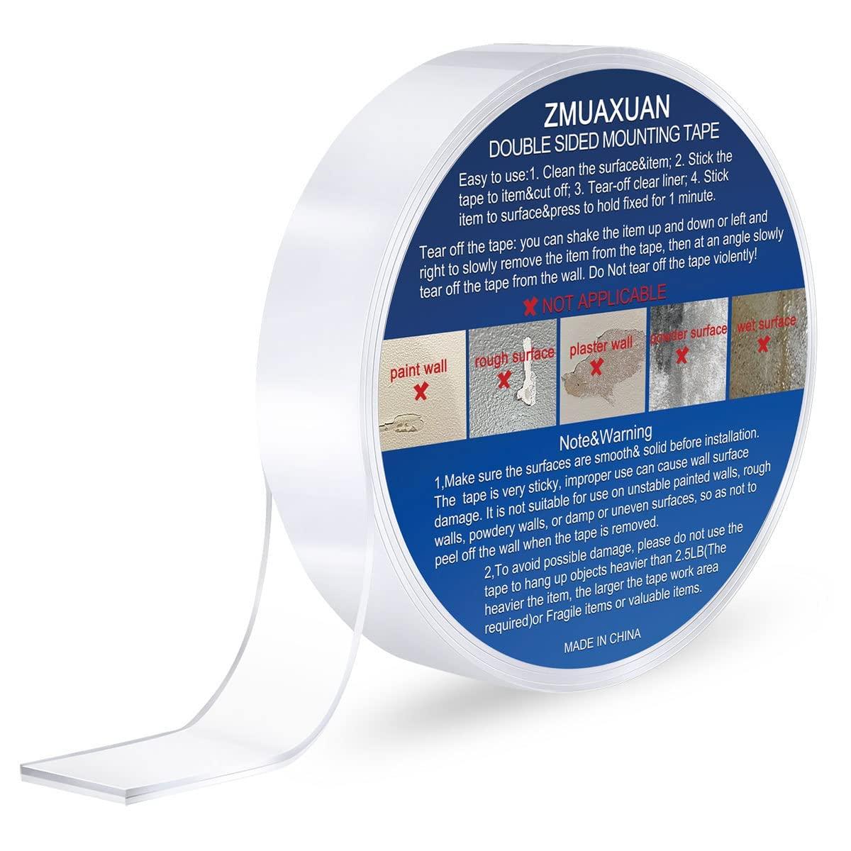 ZMUAXUAN Strong Nano Double Sided Tape Heavy Duty Mounting,Clear Removable  Sticky Adhesive Strips No Damage Wall, Waterproof Reusable Thick Gel Grip  Washable for Hanging Picture,Poster,Carpet,Photo