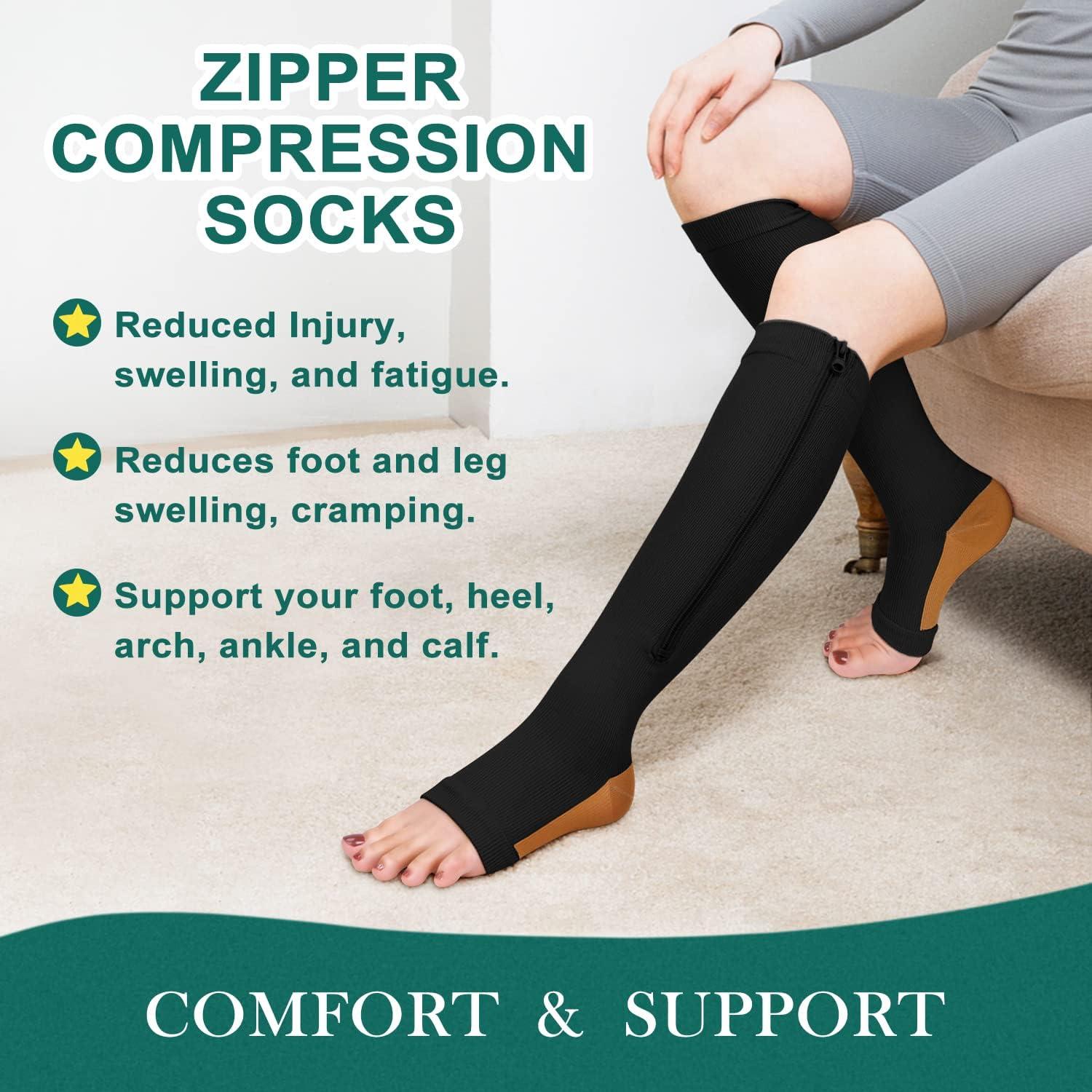 2 Pairs Copper Zipper Compression Socks 15-20mmgh-Calf Knee High Open Toe Support  Stocking Compression Stocking 01-copper Black Large-X-Large