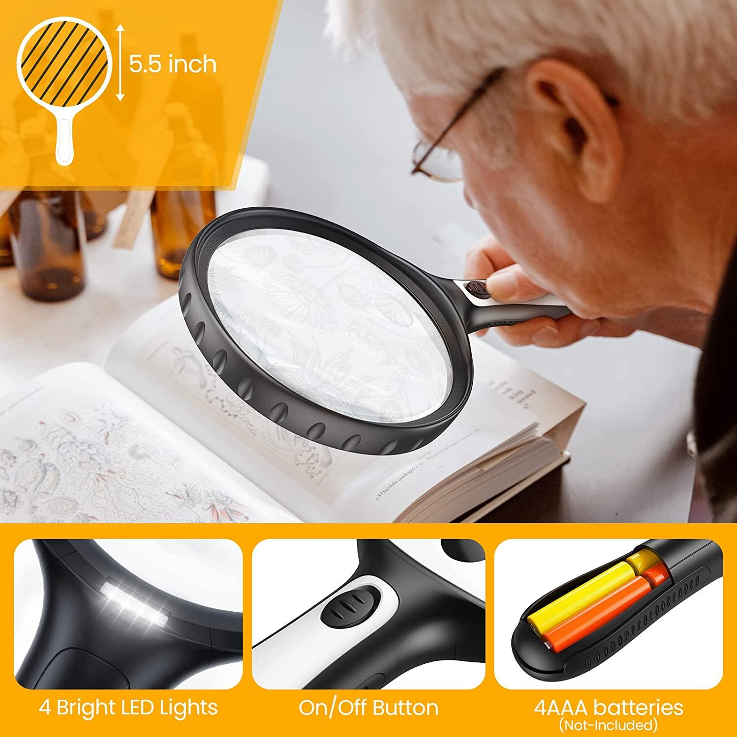 ANBULL 5X 15X Magnifying Glass with Lights, 5.5in Large Handheld Page  Magnifier, Lighted Magnifying Glass for Reading, Small Prints, Low Vision  Seniors (Black)