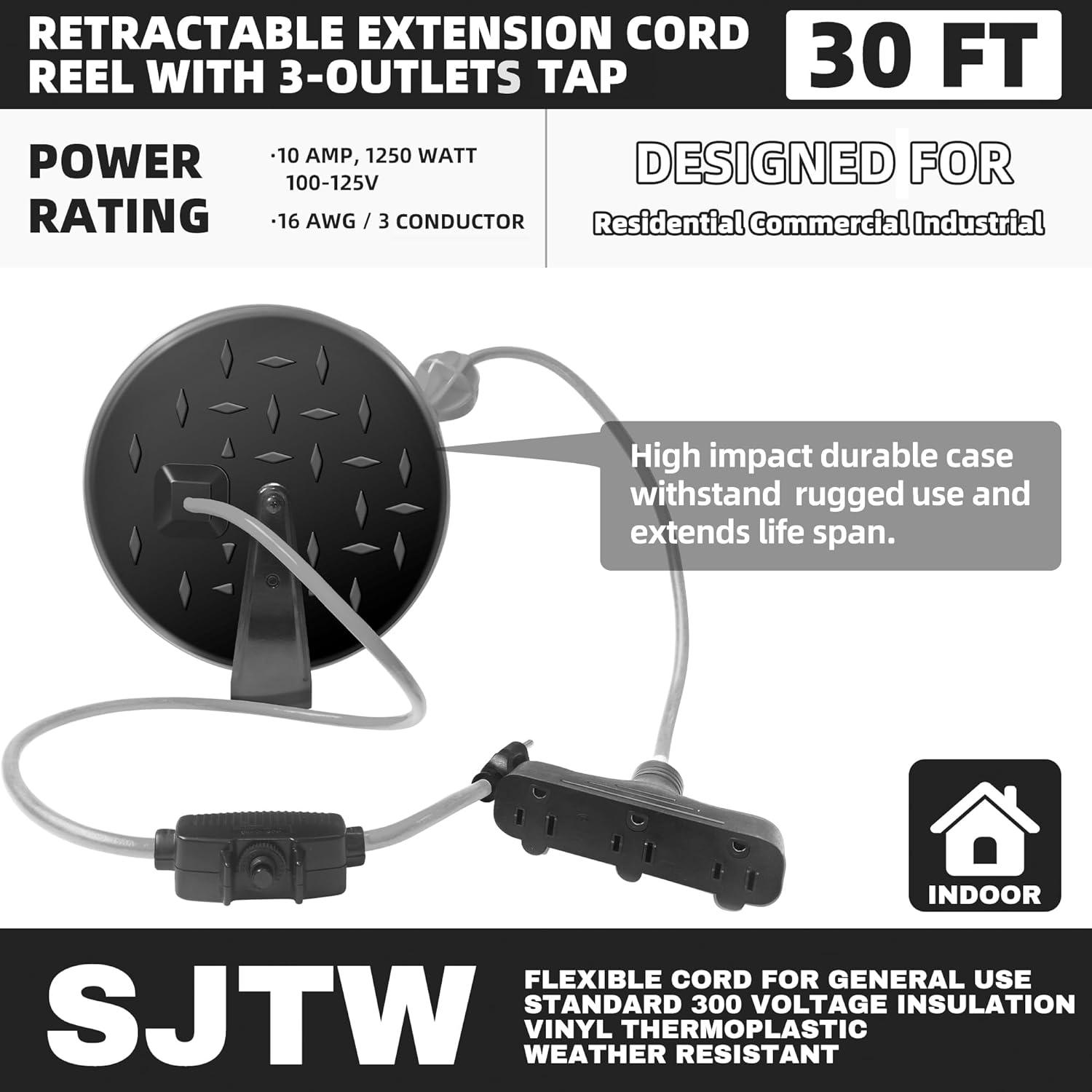 HONDERSON 30 Ft Retractable Extension Cord Reel 16/3 SJTW Power