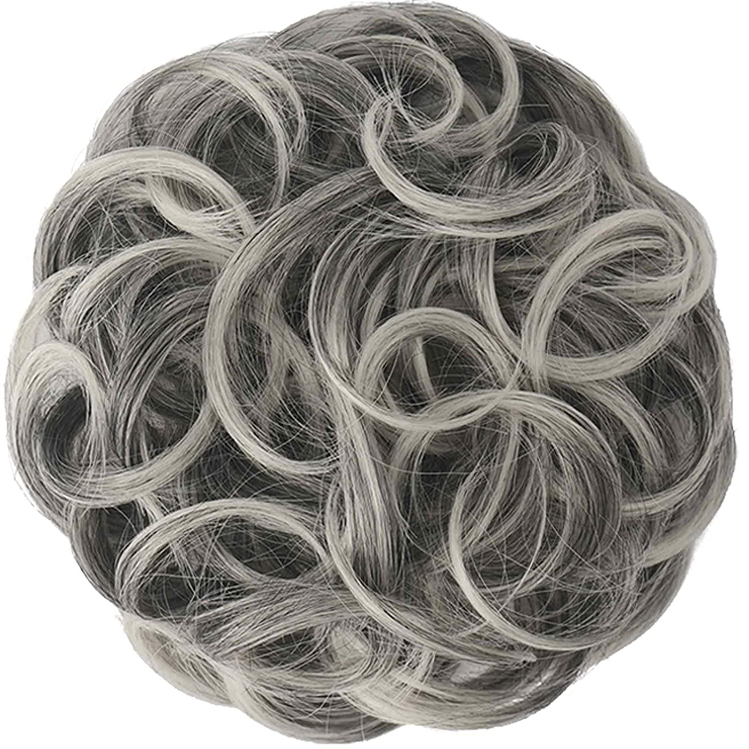 FESHFEN Messy Hair Bun Hair Pieces Curly Large Gray Hair Bun Scrunchies  Extensions Synthetic Salt and Pepper Tousled Updo Grey Hairpieces for  Women,  1B/171T60# Gray and White Tips