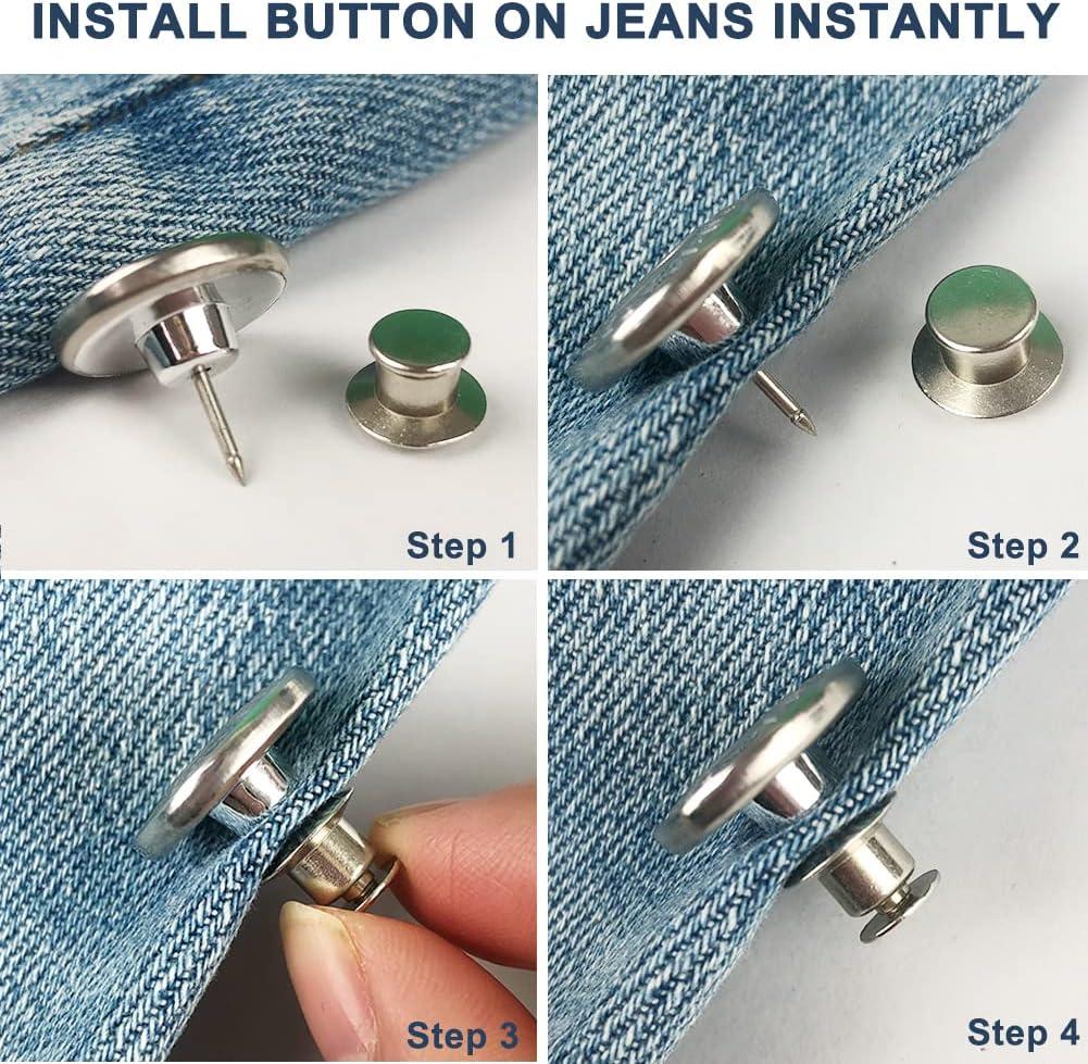 16 Sets Button Pins for Jeans,Jean Buttons Pins for Loose Jeans,No Sew and  No Tools Instant Replacement Snap Tack Pant Button, Reusable and Adjustable  Metal Pants Button Tightener silver