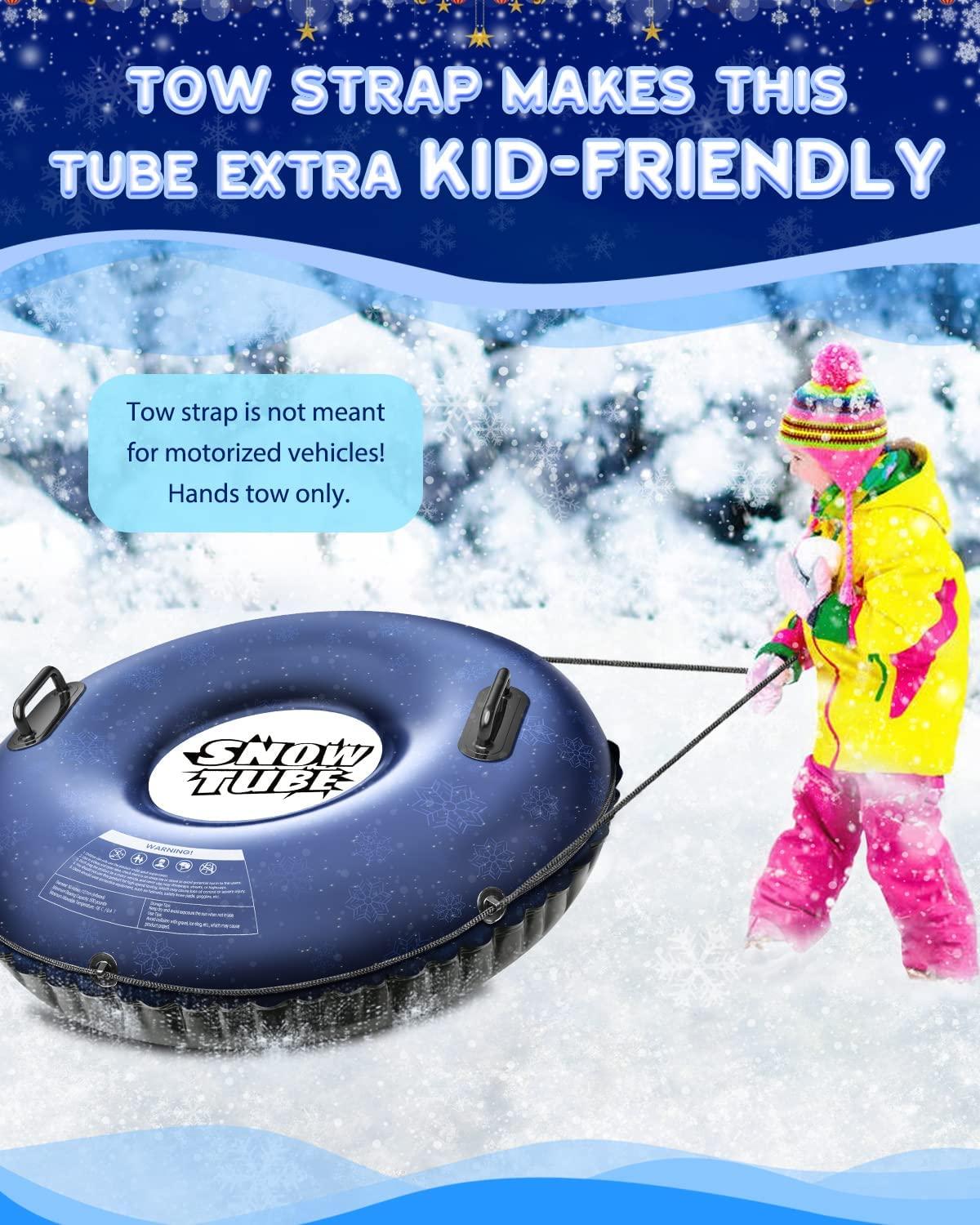 QPAU Snow Tube, Larger 50 Inch Inflatable Snow Sled for Kids and Adults, Heavy Duty Snow Tube