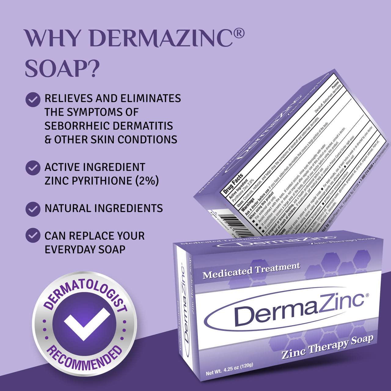 DermaZinc Zinc Therapy Soap 4.25 oz Bar 3 Pack Skin Relief & Cleansing