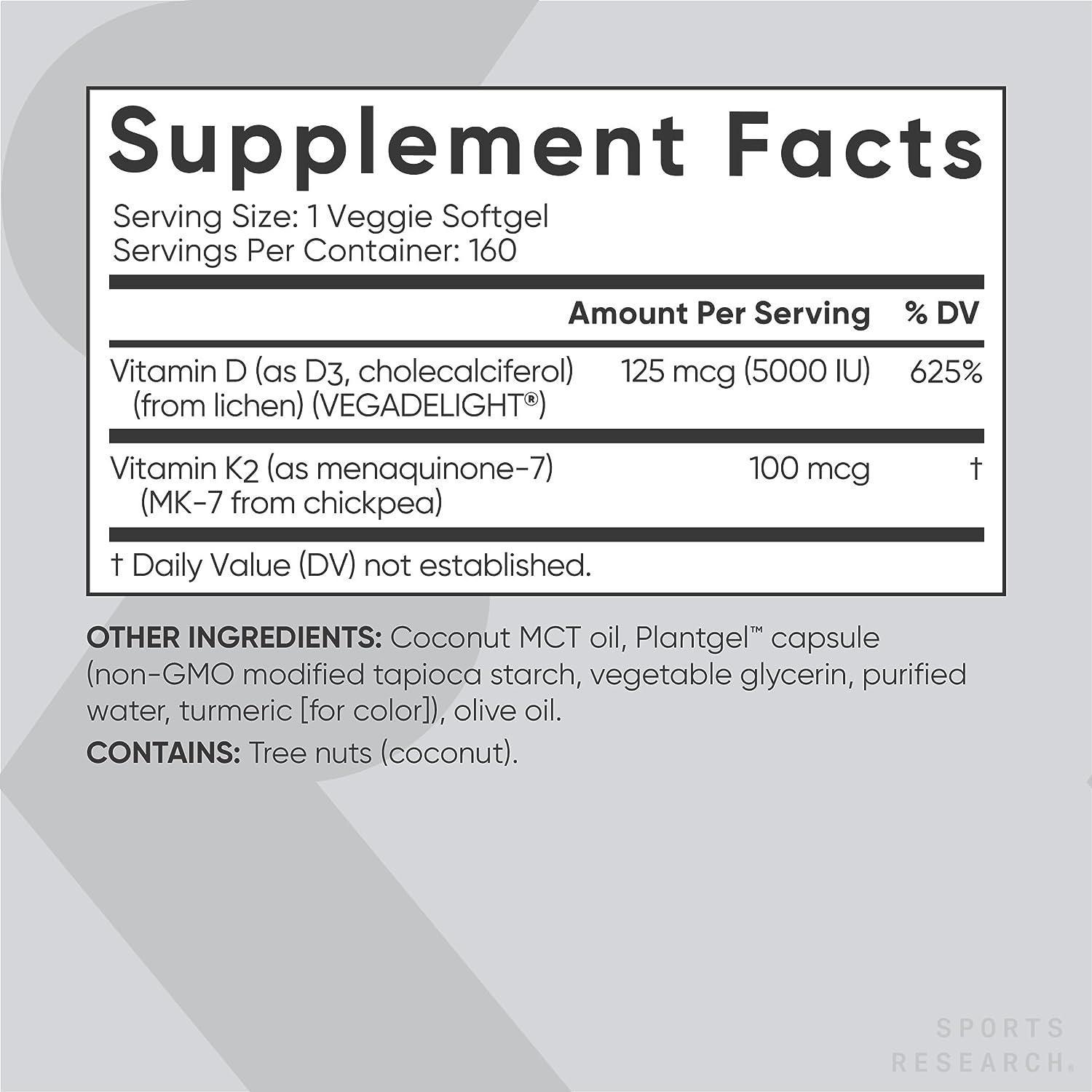 Sports Research Vegan Vitamin D3 + K2 Supplement with Coconut Oil