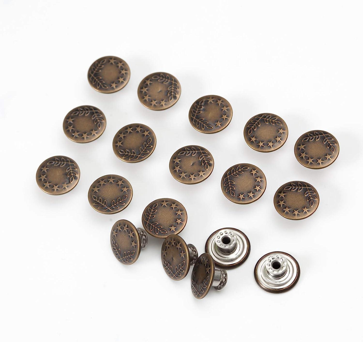 20 Sets 17mm Replacement Jeans Buttons Pants Metal Button Snap Denim Buttons  Replacement Kit Suspender No Sew Buttons with Rivets  metallic_17mm_5star2Leaves 0.67inch(17mm)