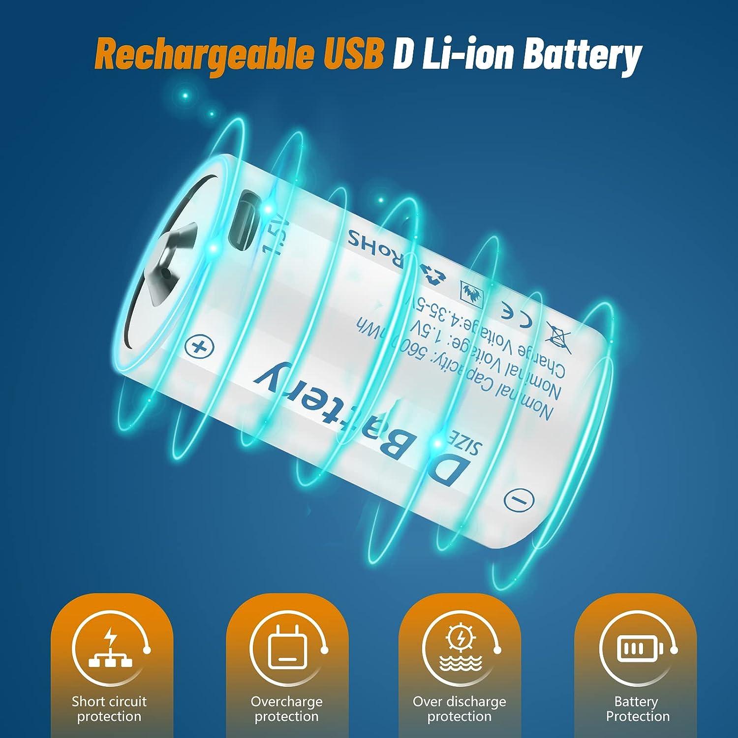 Piles D Rechargeable USB Lithium 15000mWh - 4 pièces 1,5V USB D Cellules  Batterie Rechargeables Charge Rapide en 4 Heures avec Câble de Charge Type  C : : High-Tech