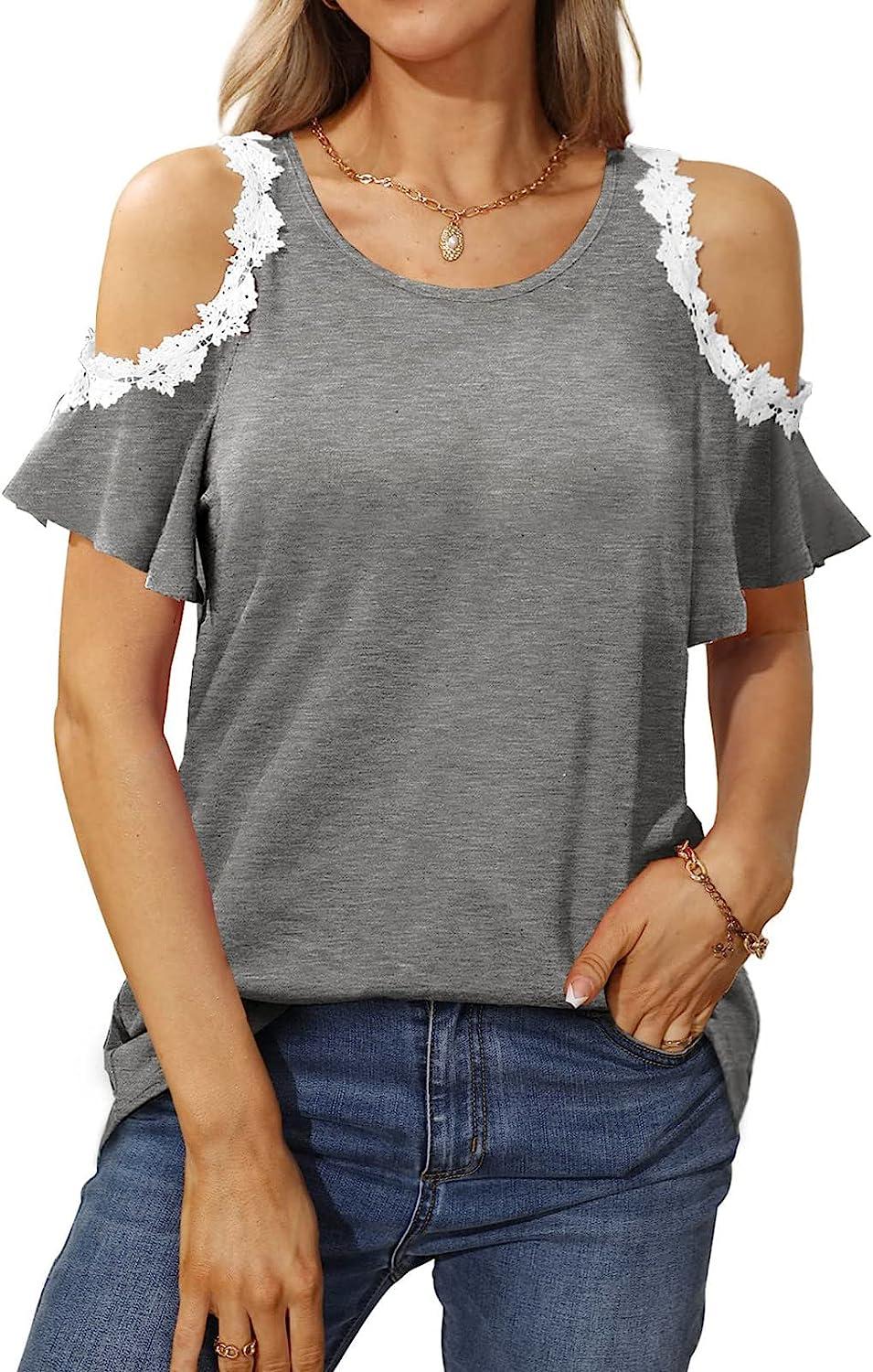 Summer Tops for Women Sexy Cold Shoulder Plus Size Tops Casual Solid Round  Neck T Shirts Cute Lace Blouses Tops Large Gray