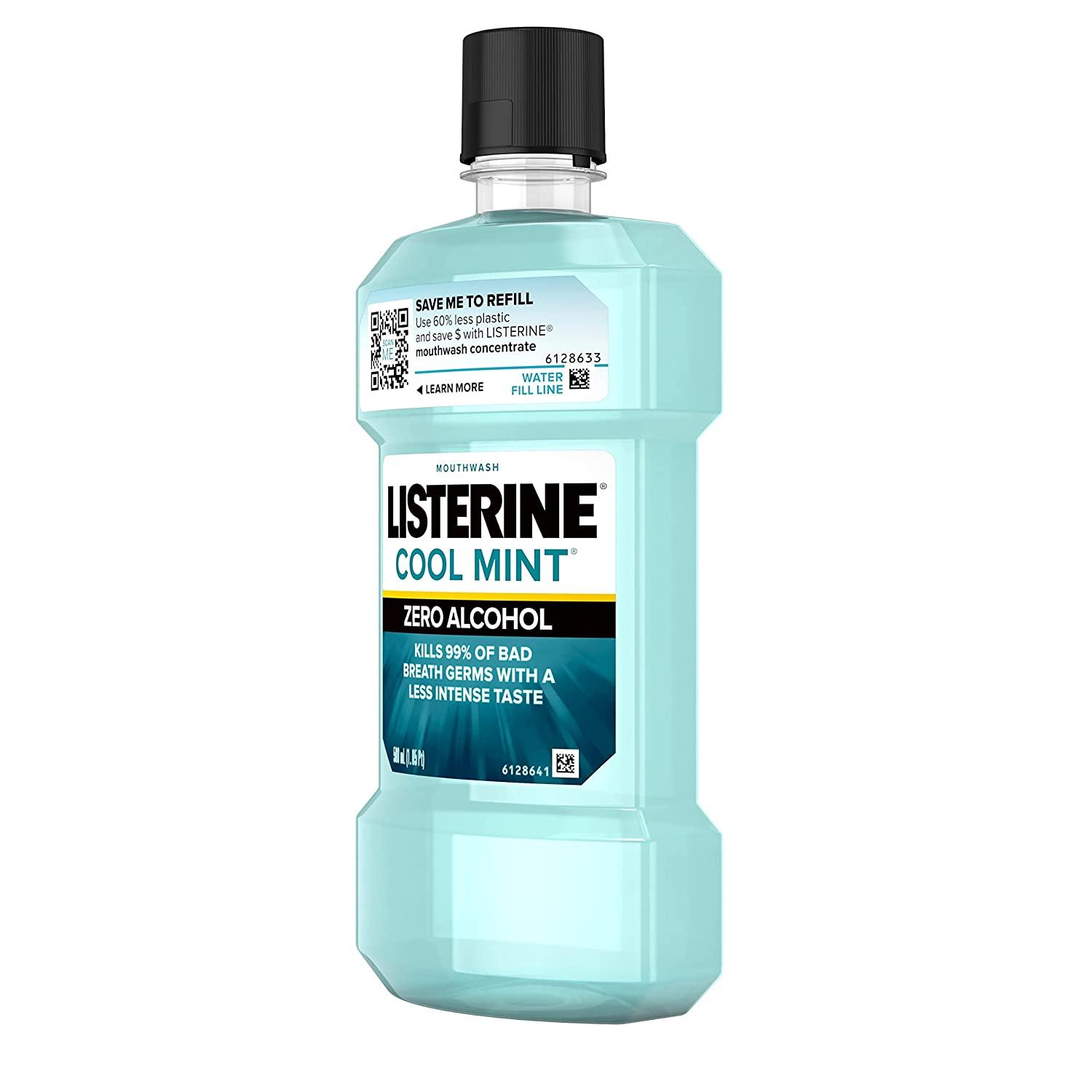 Listerine Cool Mint Zero Alcohol Mouthwash, Less Intense AlcoholFree Oral Care Formula for Bad