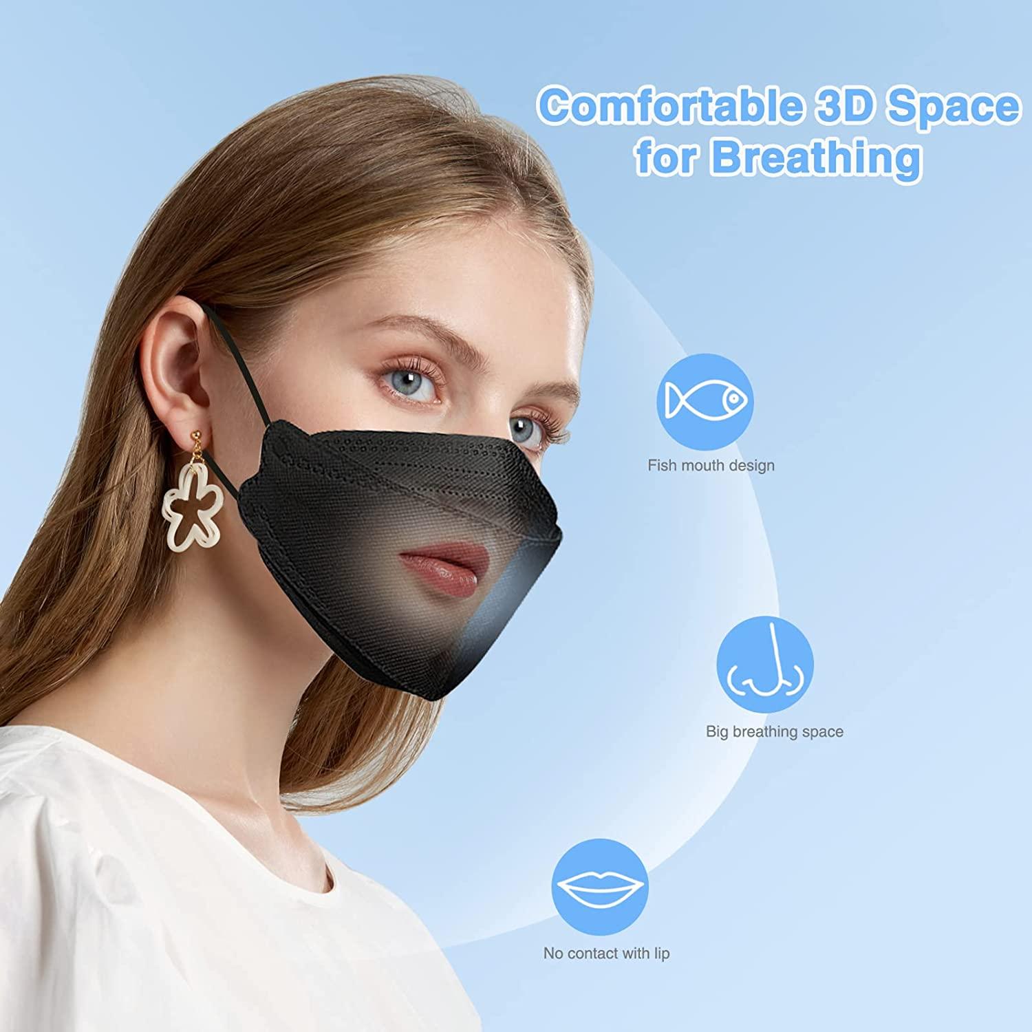 HNEE 55 Pcs KF94 Masks Black for Adults, 4 Ply Fish Mouth Type KF94