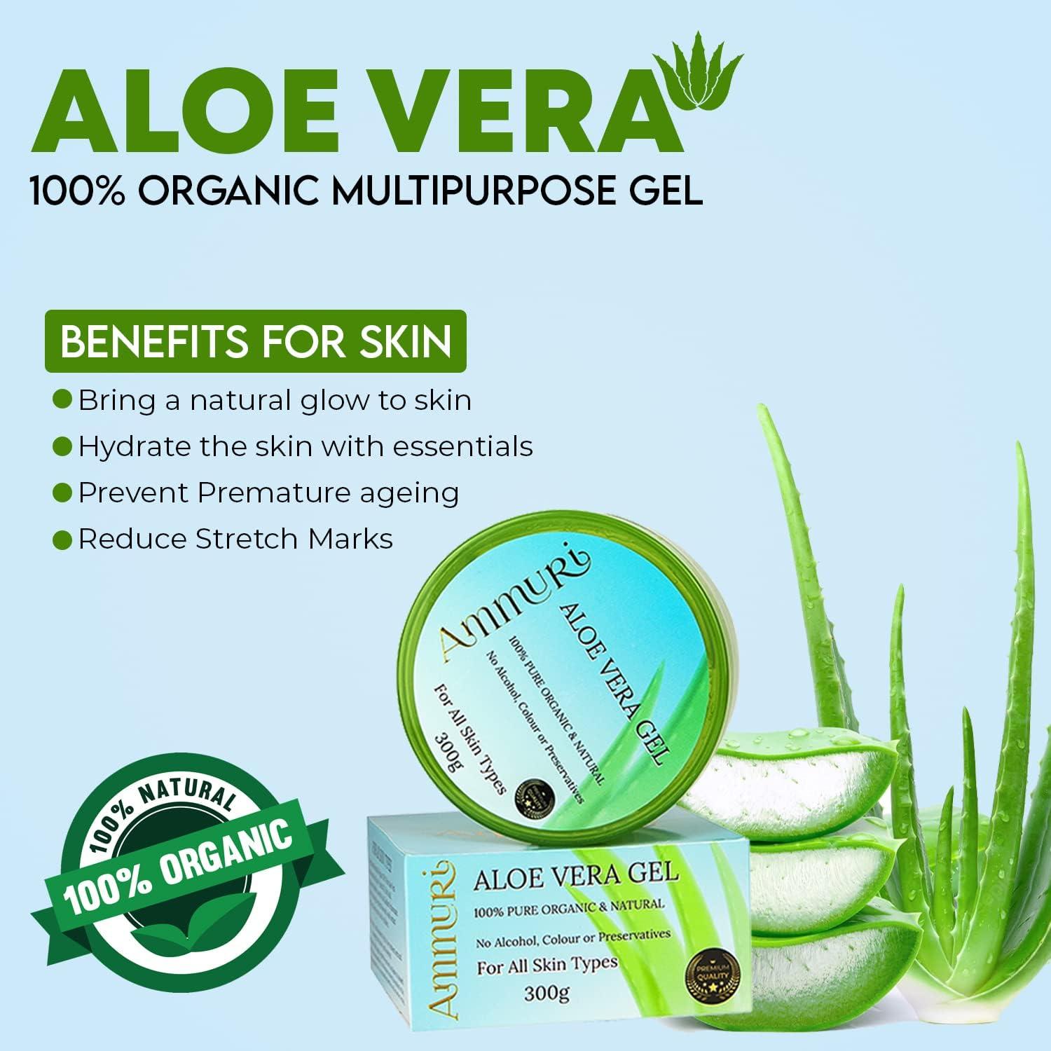 Ammuri 100% Organic Aloe Vera Gel 300g Jar - for Face, Hair & Body Care,  Acne Scar Treatment