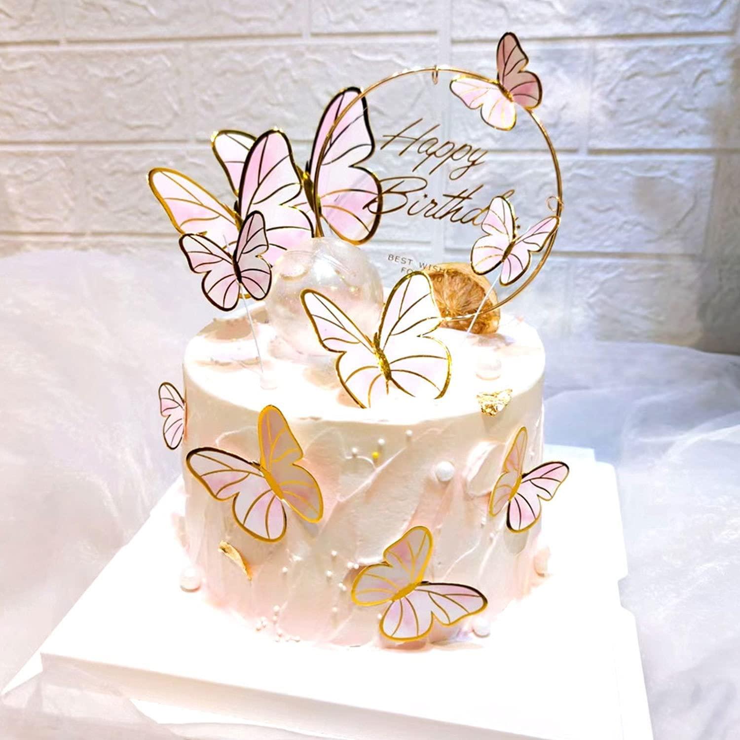 22PCS Pink Butterfly Cupcake Toppers and 1pcs Gold Metal Acrylic Panel ...