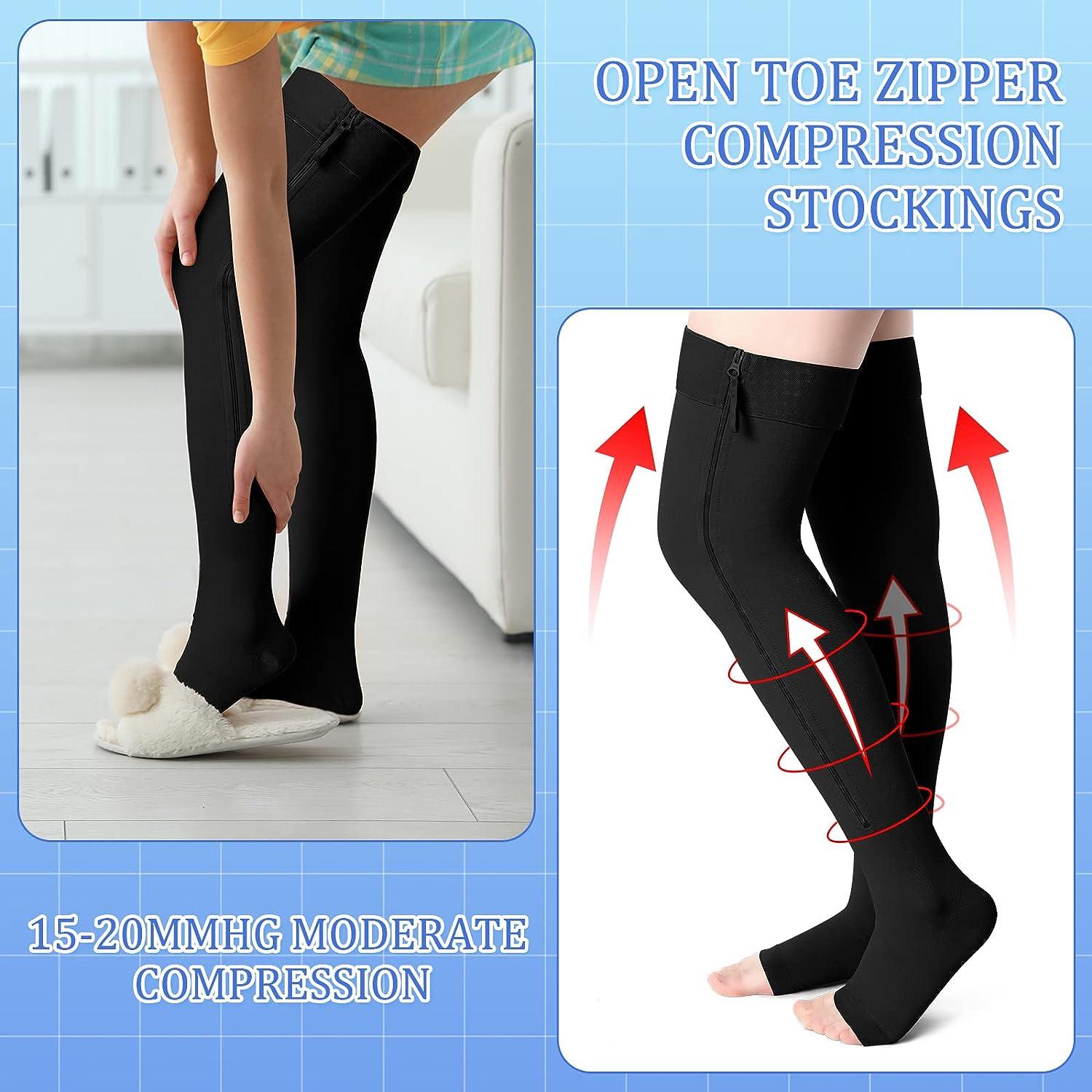 2 Pairs Open Toe thigh high Zipper Compression Socks 15-20 mmHg