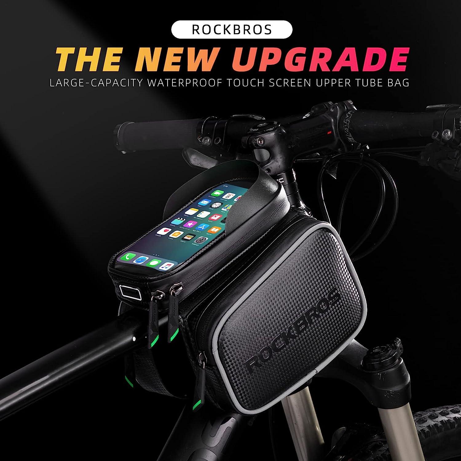 ROCKBROS Bike Bag Waterproof Top Tube Phone Bag Front Frame Mountain  Bicycle Touch Screen Cell Phone Holder Pouch Compatible with iPhone X, 8  Plus 7 Large