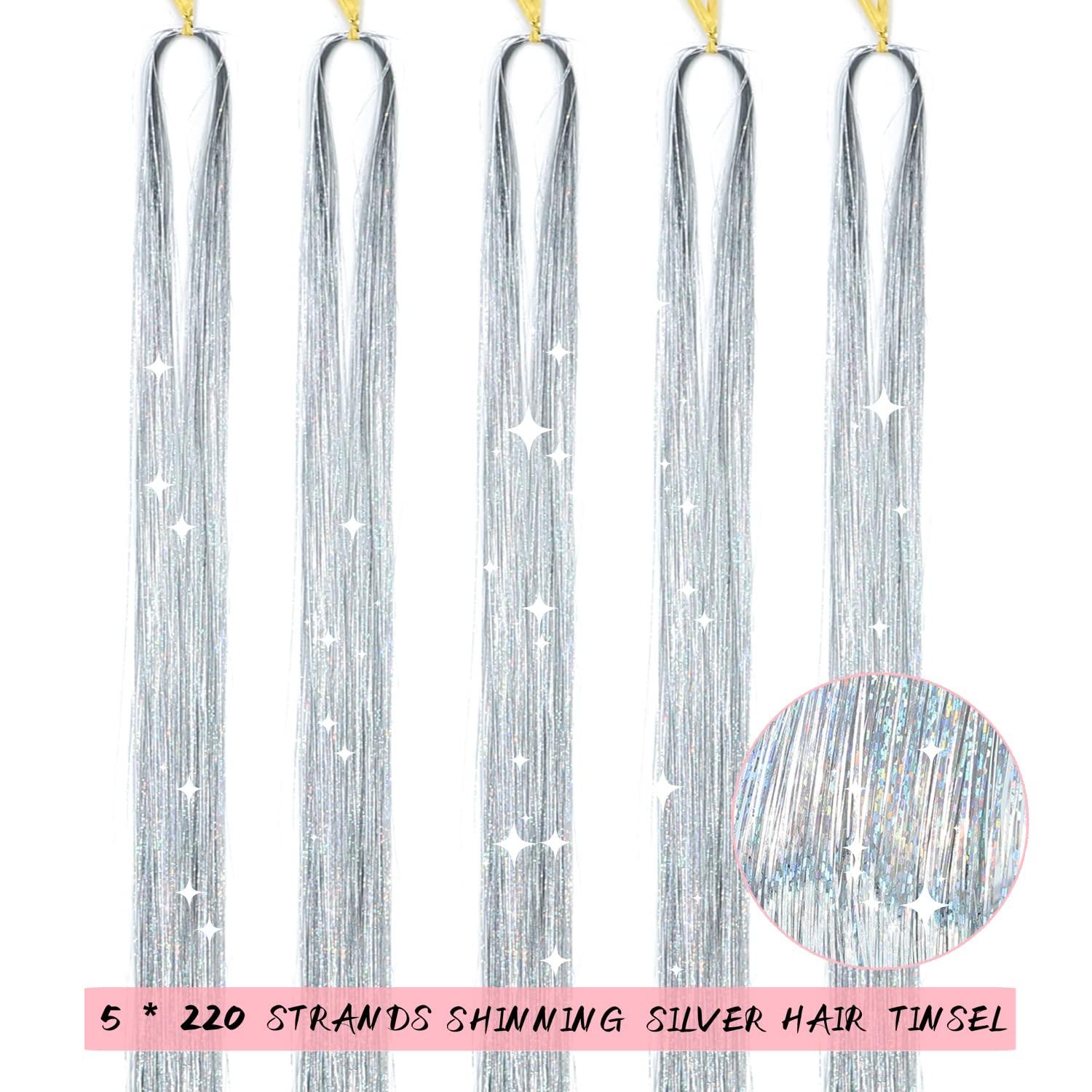 5pcs Silver Hair Tinsel Kit, Fairy Hair Tinsel Heat Resistant Tinsel Hair  Extensions, 48Inches Glitter Hair Extensions Sparkling Shiny Hair Tensile