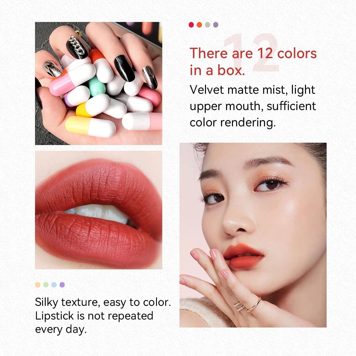 KUSSLIPPE Mini Lipstick Set, 12 Colors Capsules Matte Lipstick, Pill Shaped Lipstick, Waterproof