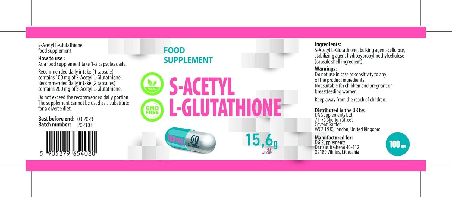 S-Acetyl L-Glutathione 100mg | 60 Vegan Capsules | High Strength Supplement  | Gluten & GMO Free | AGROLAB Germany COA | Buy Now with Express  International Delivery | GoSupps.com