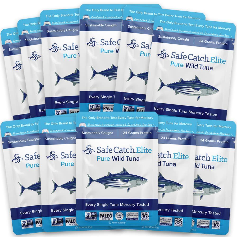 Safe Catch Elite Tuna Wild-Caught Low Mercury Tuna Fish Pouch Gluten-Free  Keto Food Non-GMO Kosher Paleo-Friendly High Protein Snack, No Water Oil  Tuna, Pack of 12 Tuna Pouches 3oz