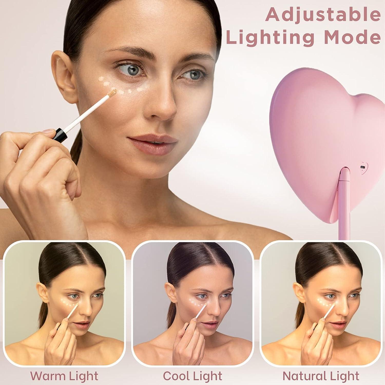 Pink Heart Mirror with Lights for Makeup Desk. Heart Shaped Mirror for