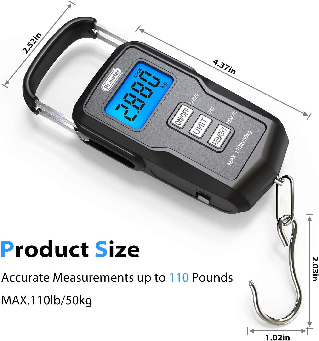 UpgradedFS01 Fishing Scale, Dr.meter 110lb/50kg Digital Hanging Scale with  Storage Function and Numerical Comparison, Backlit LCD Display, Measuring  Tape and 2 AAA Batteries Included