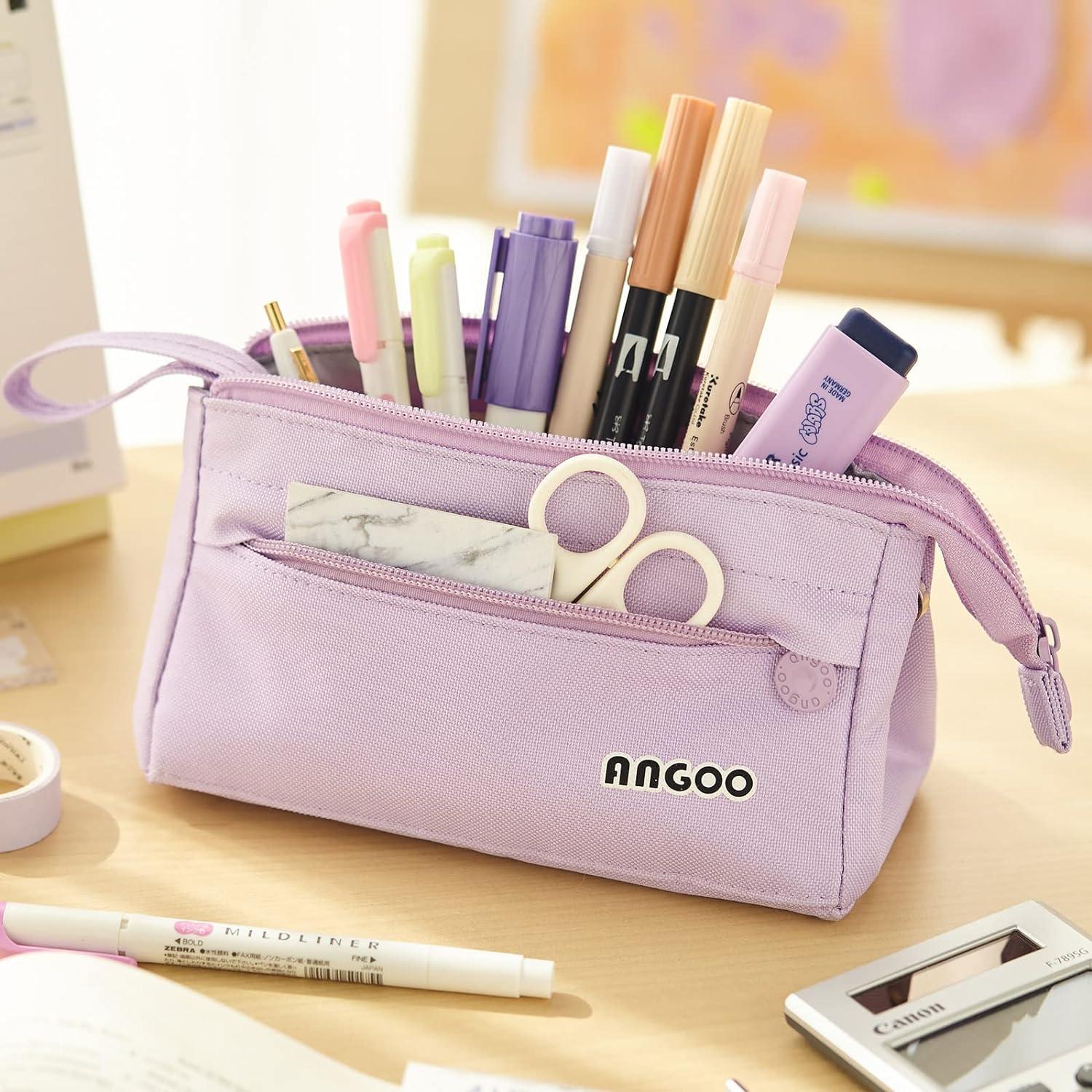 ANGOOBABY Large Capacity Pencil Case Durable Pen Pouch Portable Pencil Bag  with Handle for School Teen Girl Boy Men Women Adults purple