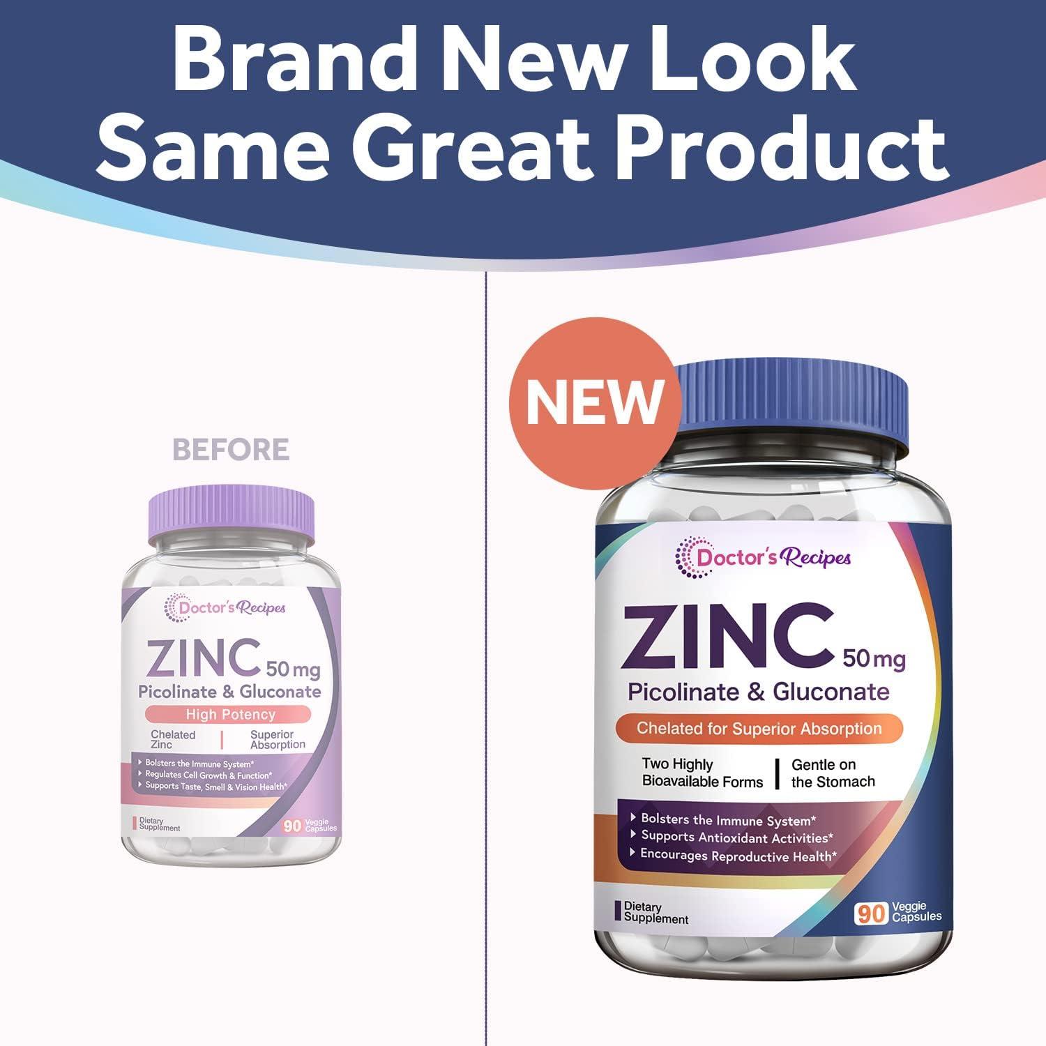 Doctor's Recipes Chelated Zinc 50 mg Zinc Picolinate & Gluconate for Immune Support Superior