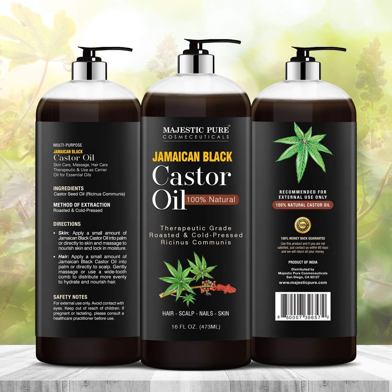 Majestic Pure Jamaican Black Castor Oil for Hair Growth & Natural Skin Care  - Roasted & Cold-Pressed - Massage, Scalp, Hair and Nails - 16 fl oz
