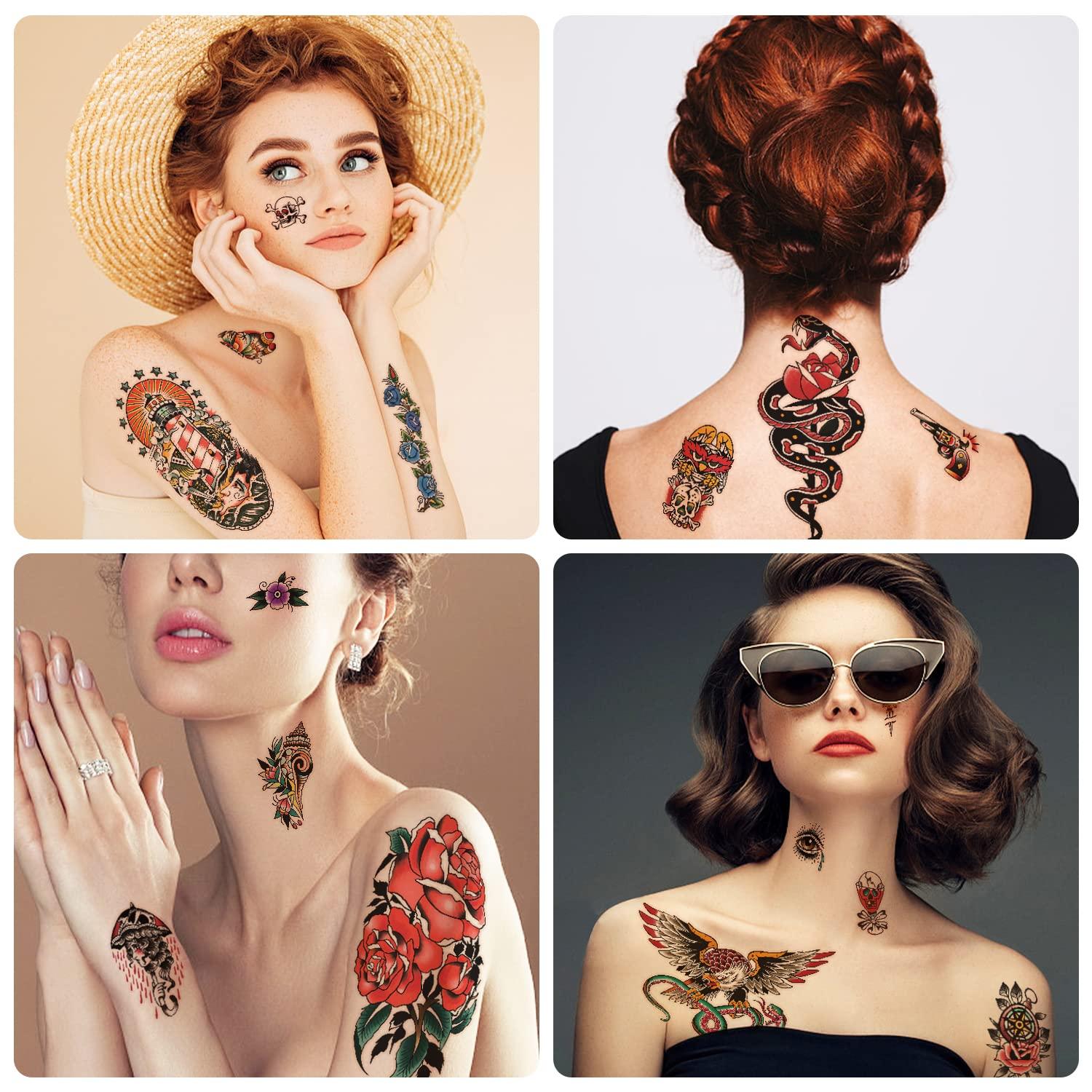 PUSNMI Custom Temporary Tattoos Kit for Men Women Traditional Fake Tattoos  Sailor Jerry Temporary Tattoos Vintage Flower Eagle Butterfly Tattoos for  Arm Hand Leg Wrist for Party Club