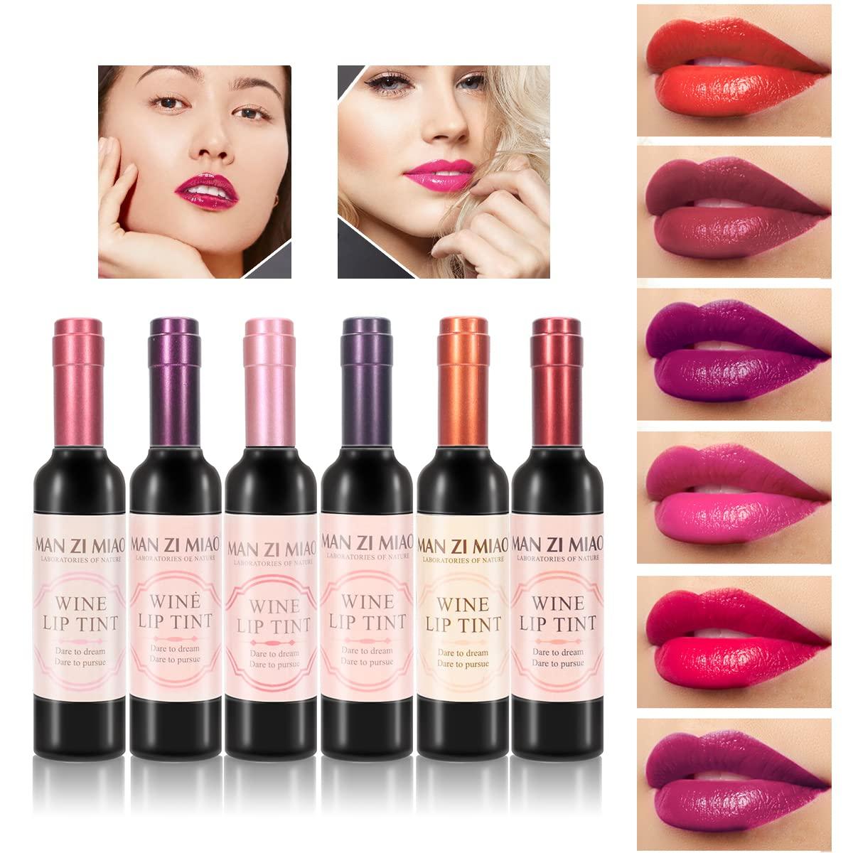 6 Colors Wine Lip Tint Set, Matte Lip Stain Long Lasting Waterproof Liquor Bottle Lip Gloss Gift