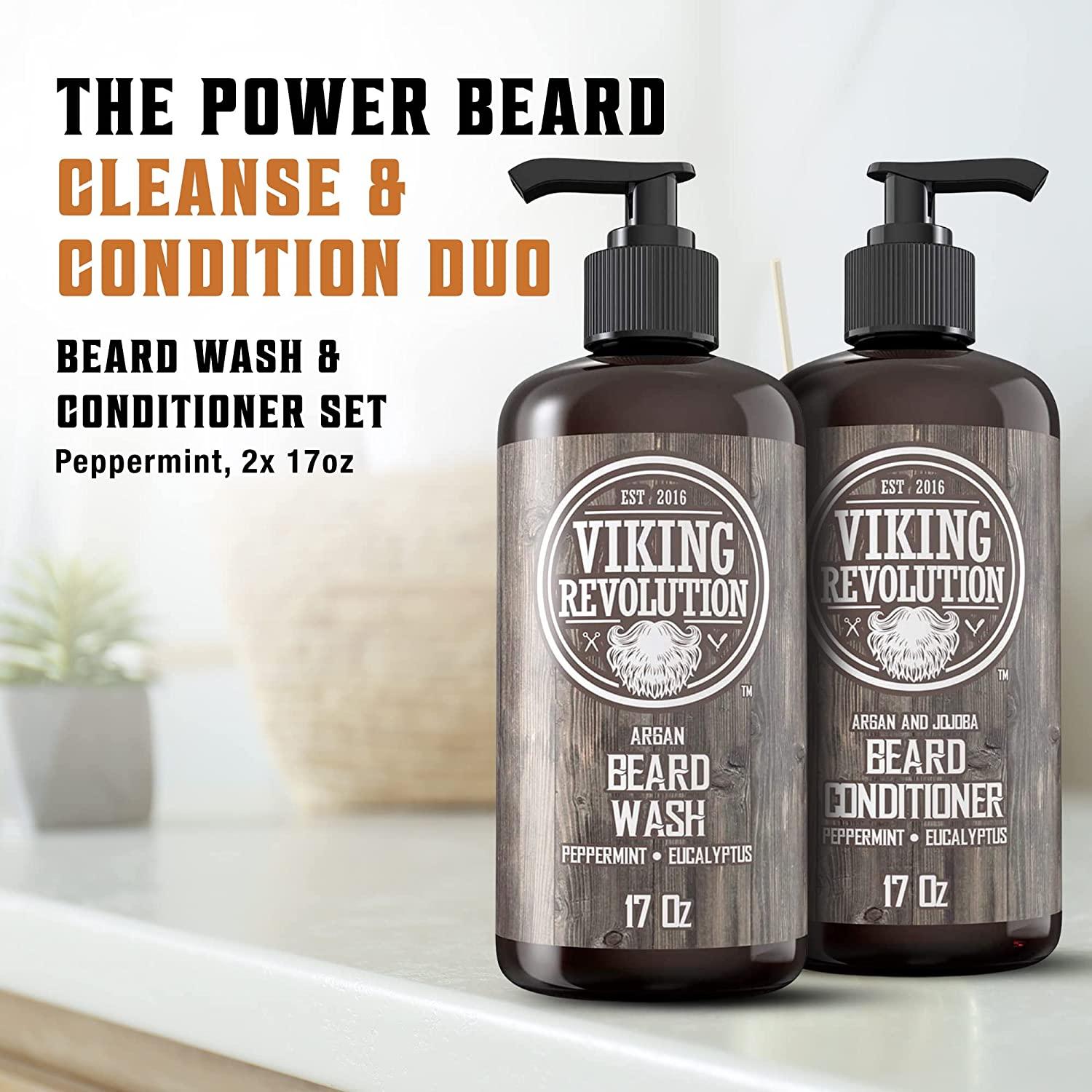 Viking Revolution Beard Wash Beard Conditioner Set wArgan Jojoba Oils  Softens Smooths Strengthens Beard Growth - Natural Peppermint and  Eucalyptus Scent - Beard Shampoo wBeard Oil (17 oz)