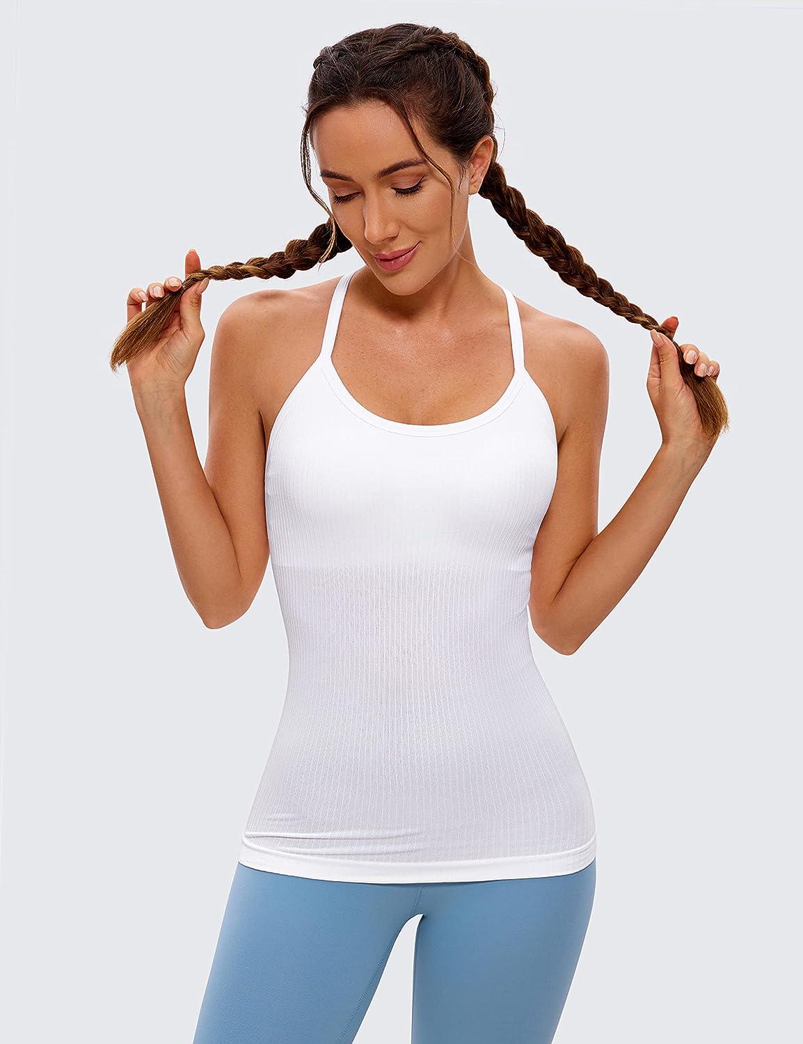 CRZ YOGA Seamless Workout Tank Tops for Women Racerback Athletic Camisole Sports  Shirts with Built in Bra Small White