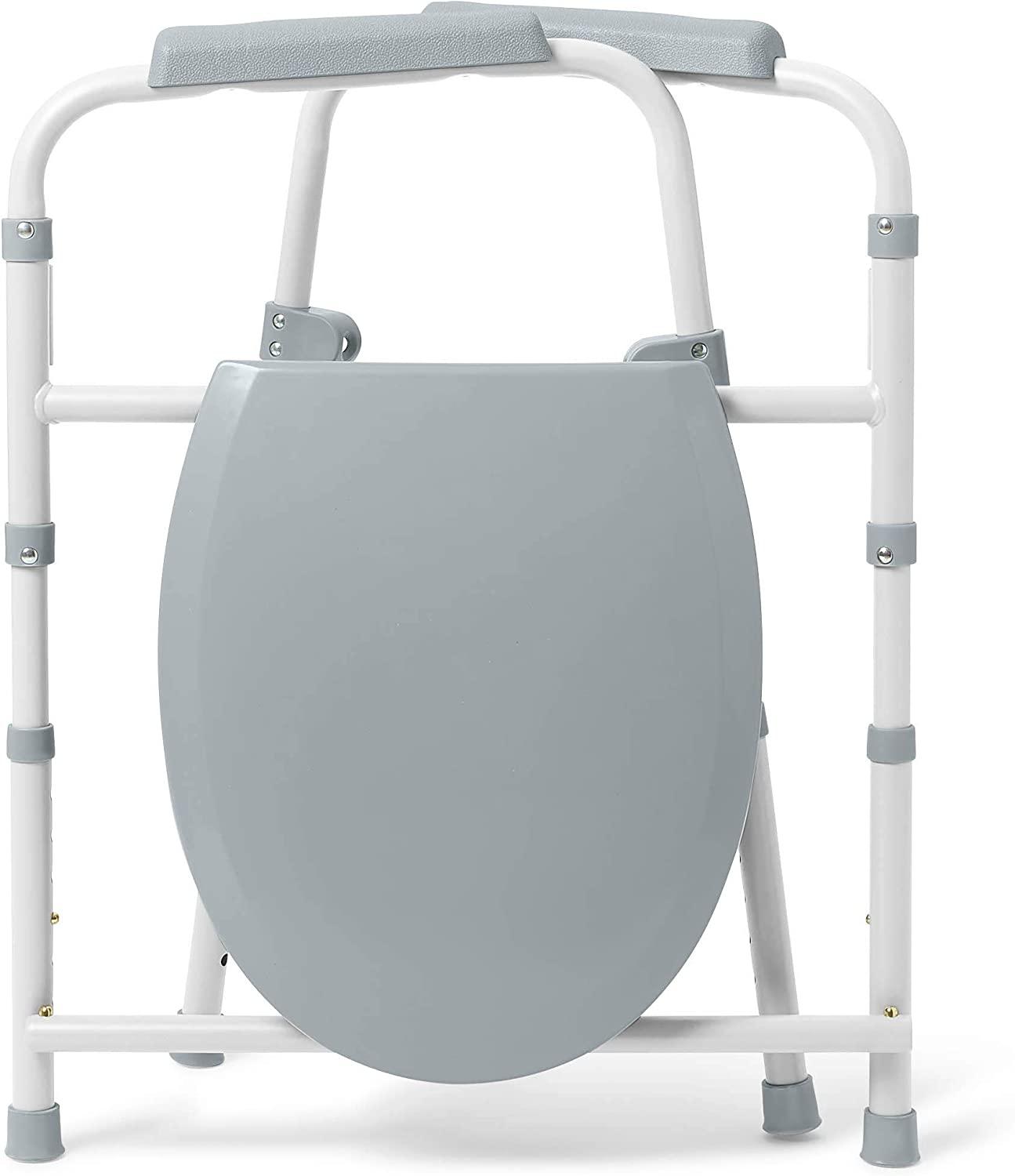 Medline 3in1 Steel Bedside Commode, Elongated Seat, Folding Frame