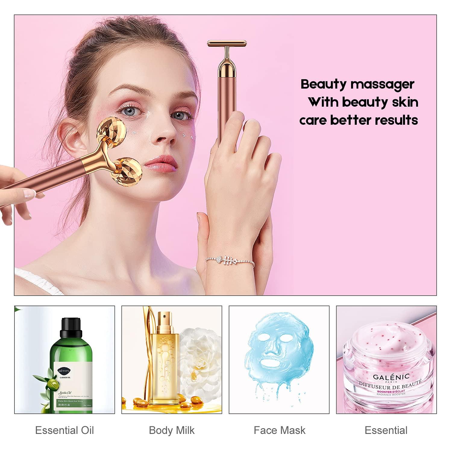 NUOMAN 2 in 1 Electric Face Massager Roller Rose Golden 3D Roller and T Shape Facial Kit