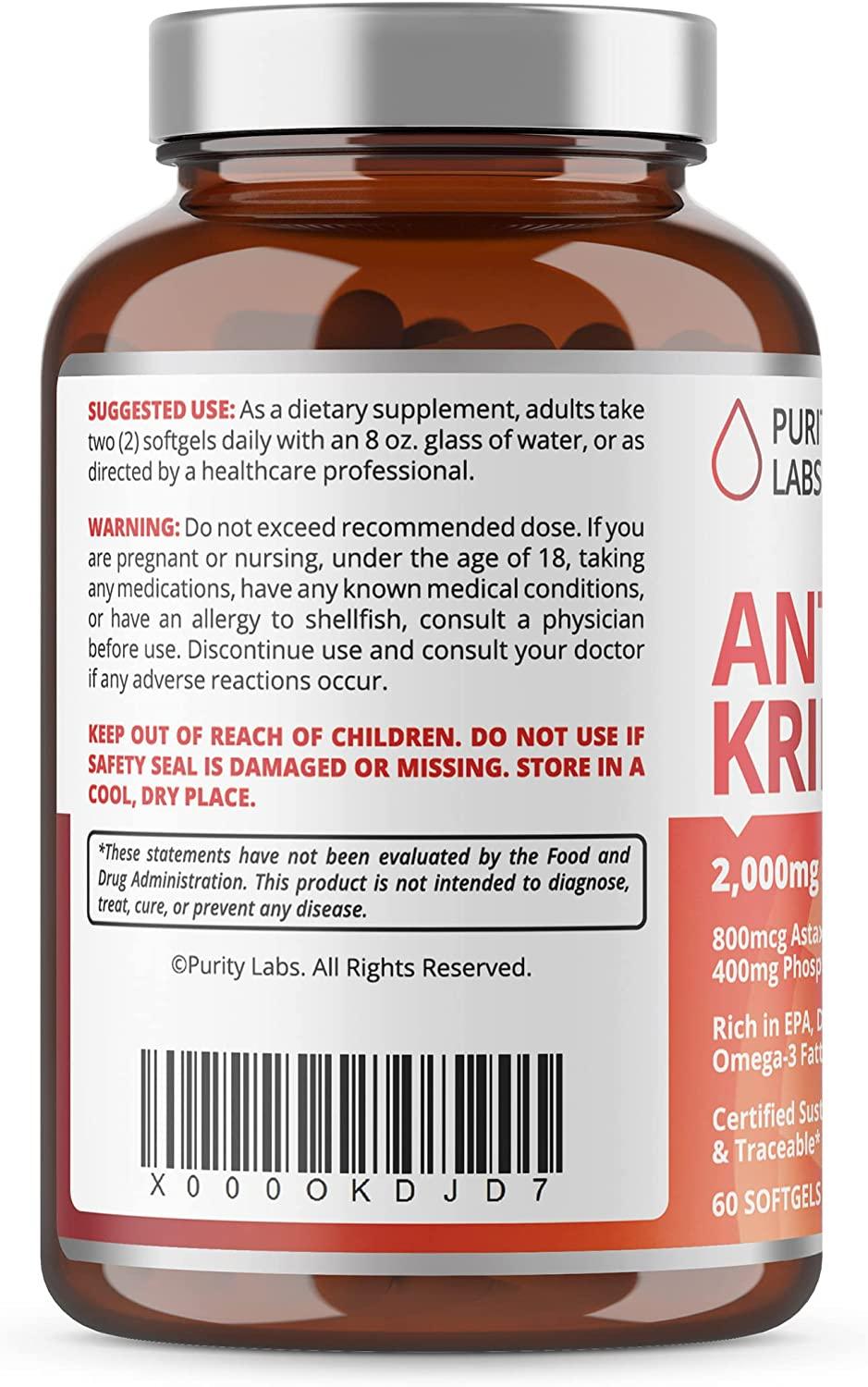 Purity Labs Antarctic Krill Oil Vegan Supplements for Memory, Heart