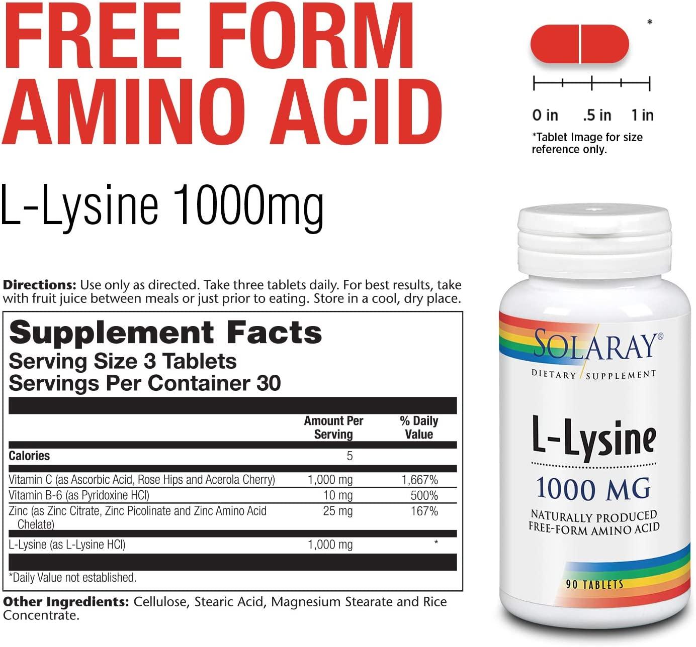 Solaray LLysine, FreeForm 1000mg Amino Acid Healthy Cognitive, Immune System, Bones & Skin