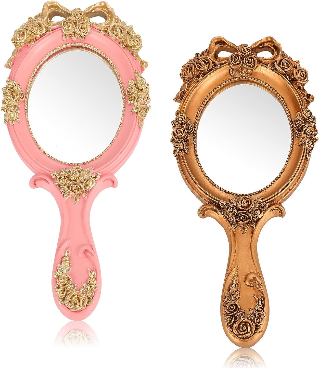 Vintage Handheld Mirror, Small Cute Hand Held Decorative Mirrors For Girls  Makeup Embossed Flower Portable Antique Travel Personal Cosmetic Mirror Wit