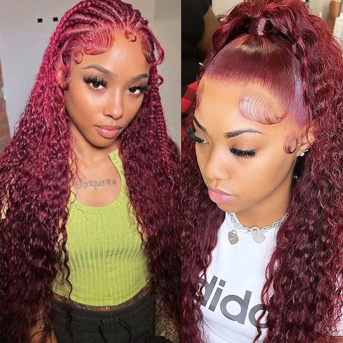 MAXTASK Burgundy Lace Front Wigs Human Hair Pre Plucked 99J Deep Wave Wig  13x4 HD Lace Frontal Wigs for Black Women Human Hair Red Colored Wet and  Wavy Curly Wigs Glueless Human